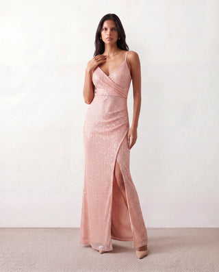 Mabel Sequined Spaghetti Strap Maxi Dress in Beige — front view