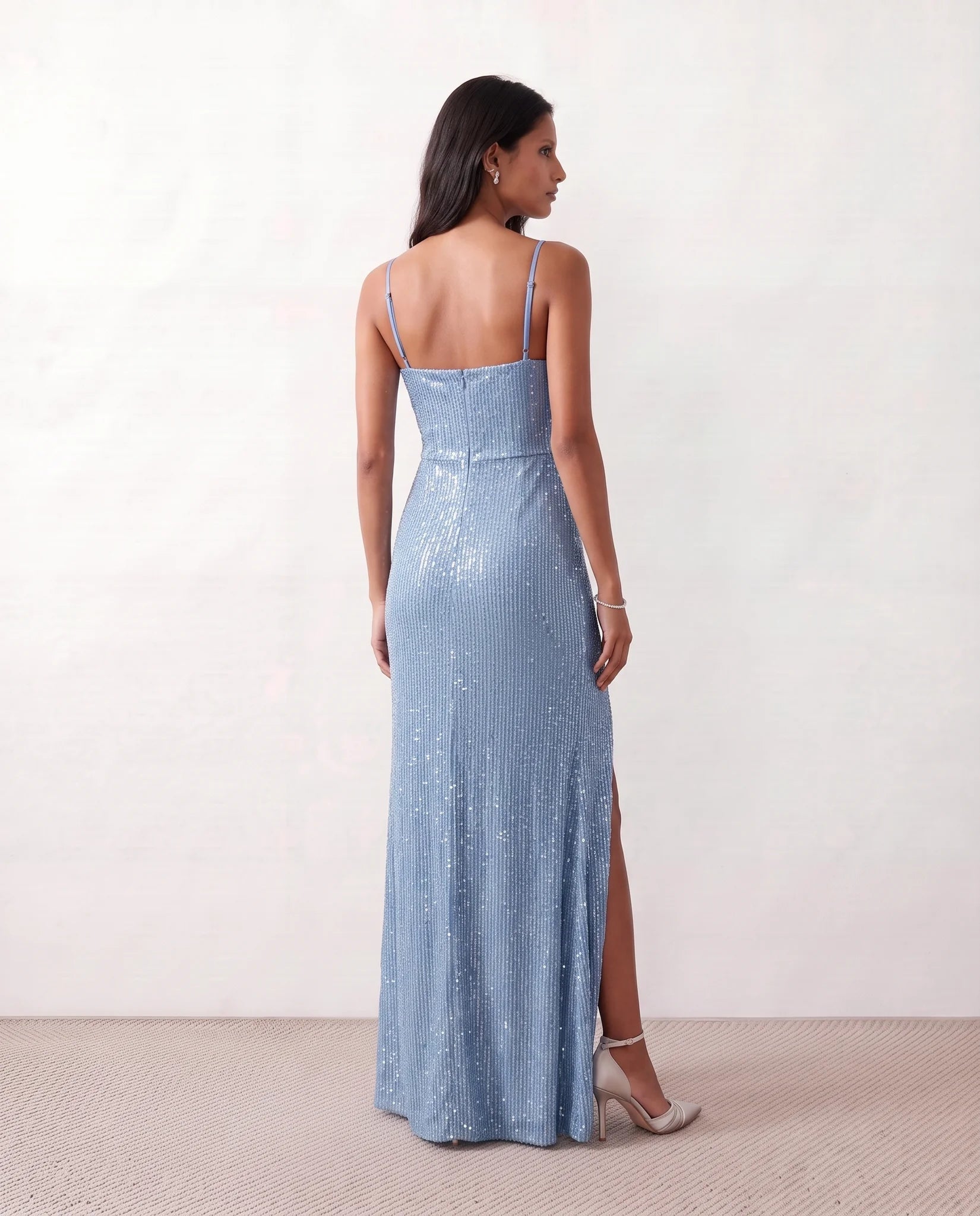Mabel Sequined Spaghetti Strap Maxi Dress in Blue — back view