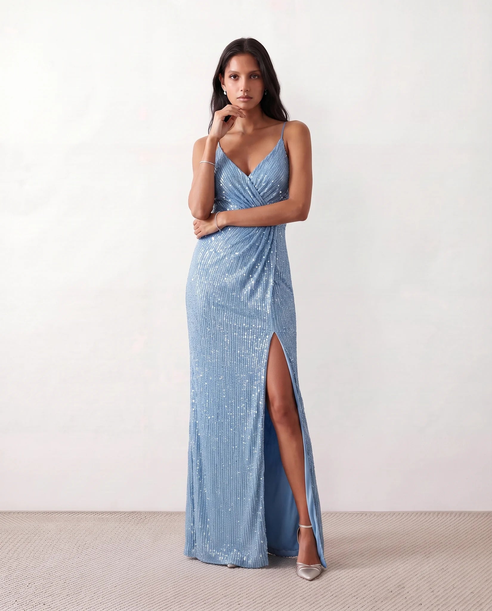 Mabel Sequined Spaghetti Strap Maxi Dress in Blue — front view