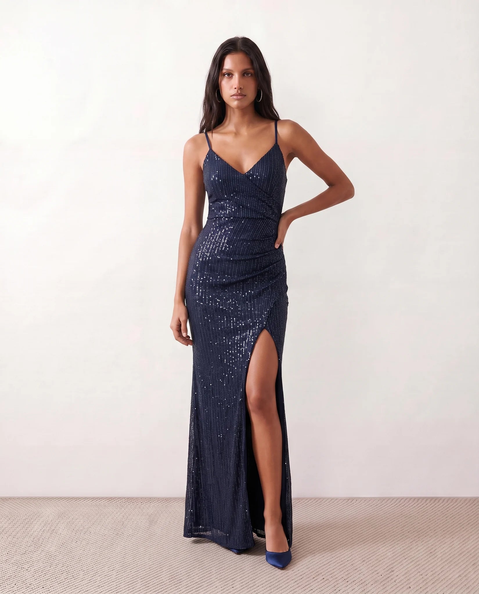Mabel Sequined Spaghetti Strap Maxi Dress in Navy — front view