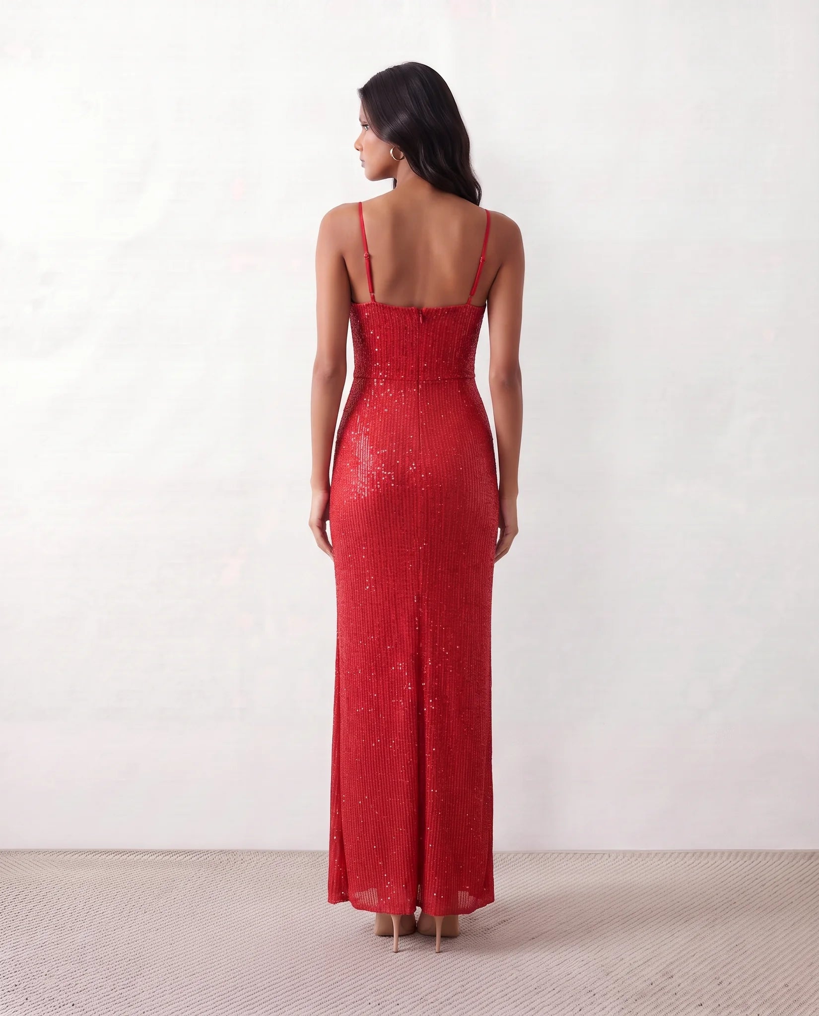 Mabel Sequined Spaghetti Strap Maxi Dress in Red — back view