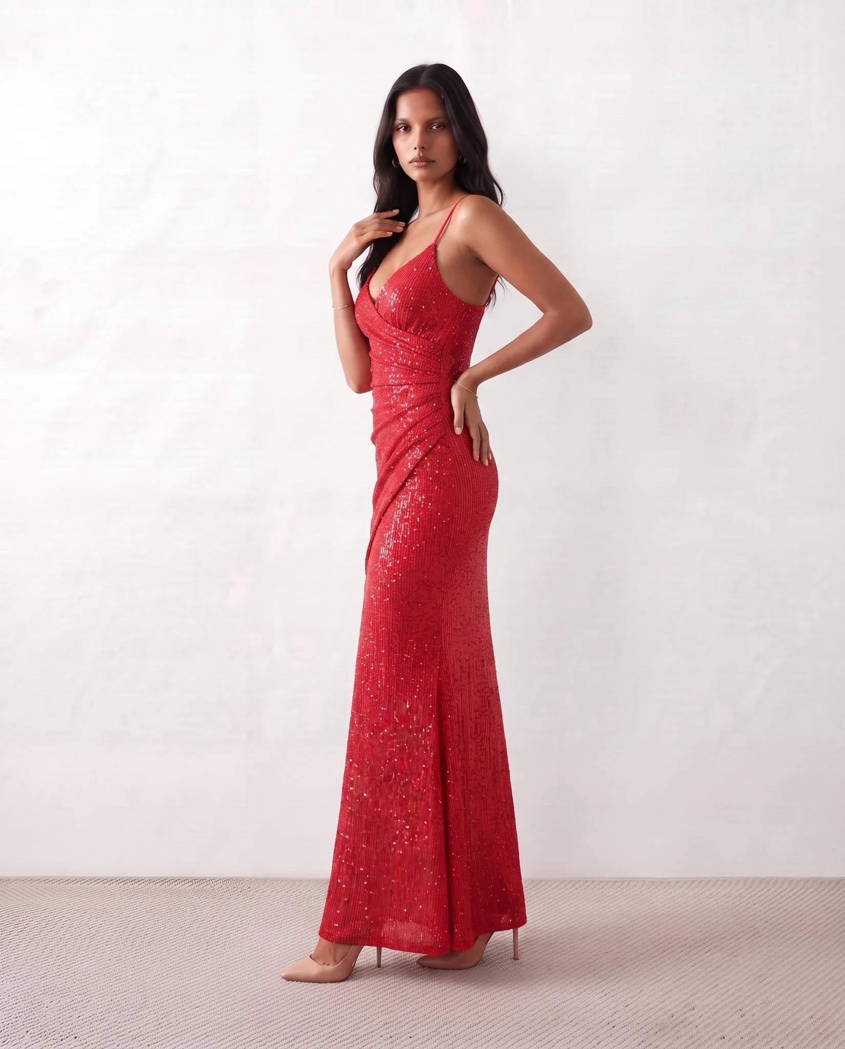 Mabel Sequined Spaghetti Strap Maxi Dress in Red — side view