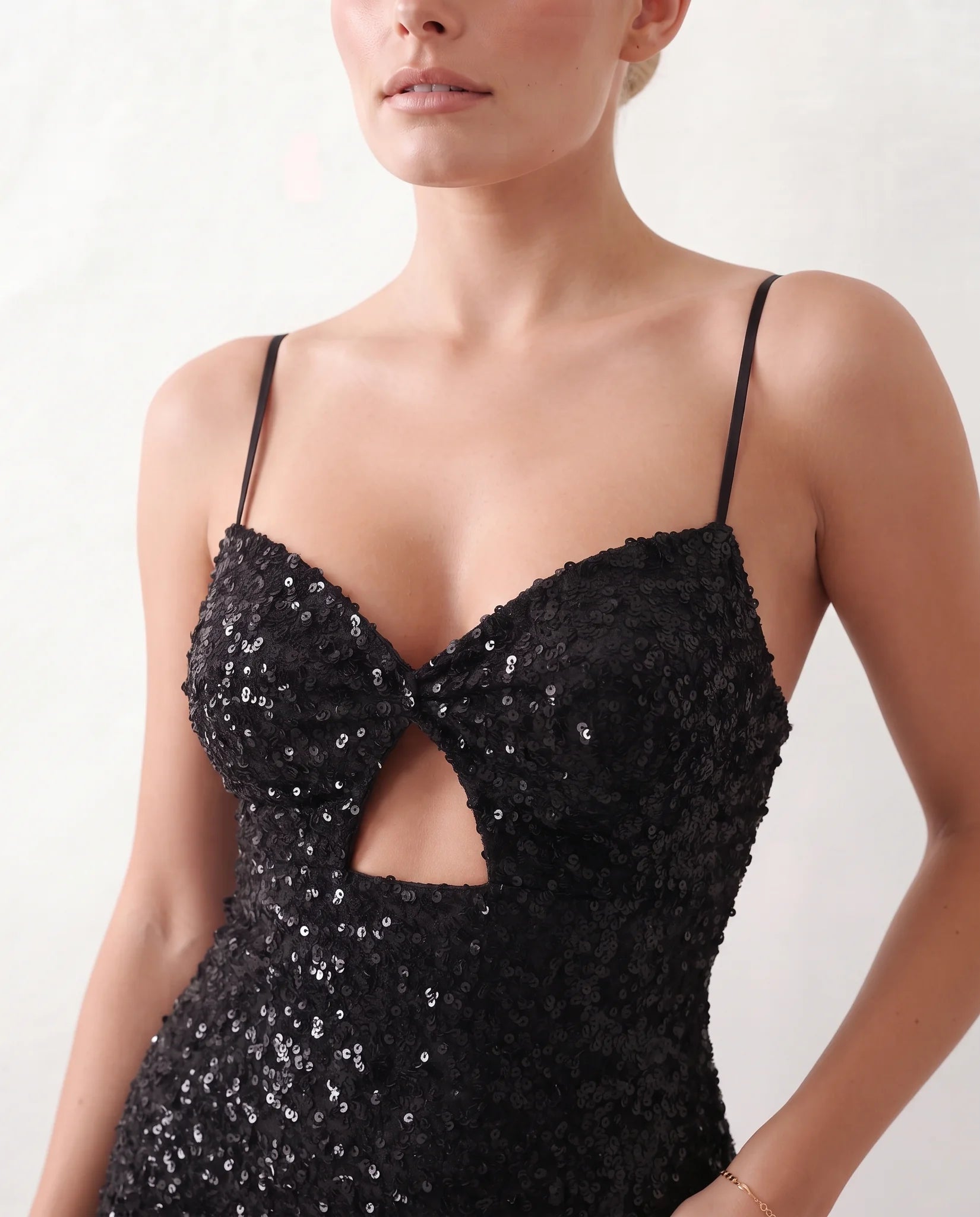 Ninoska Sequined Spaghetti Strap Maxi Dress in Black — detail close-up