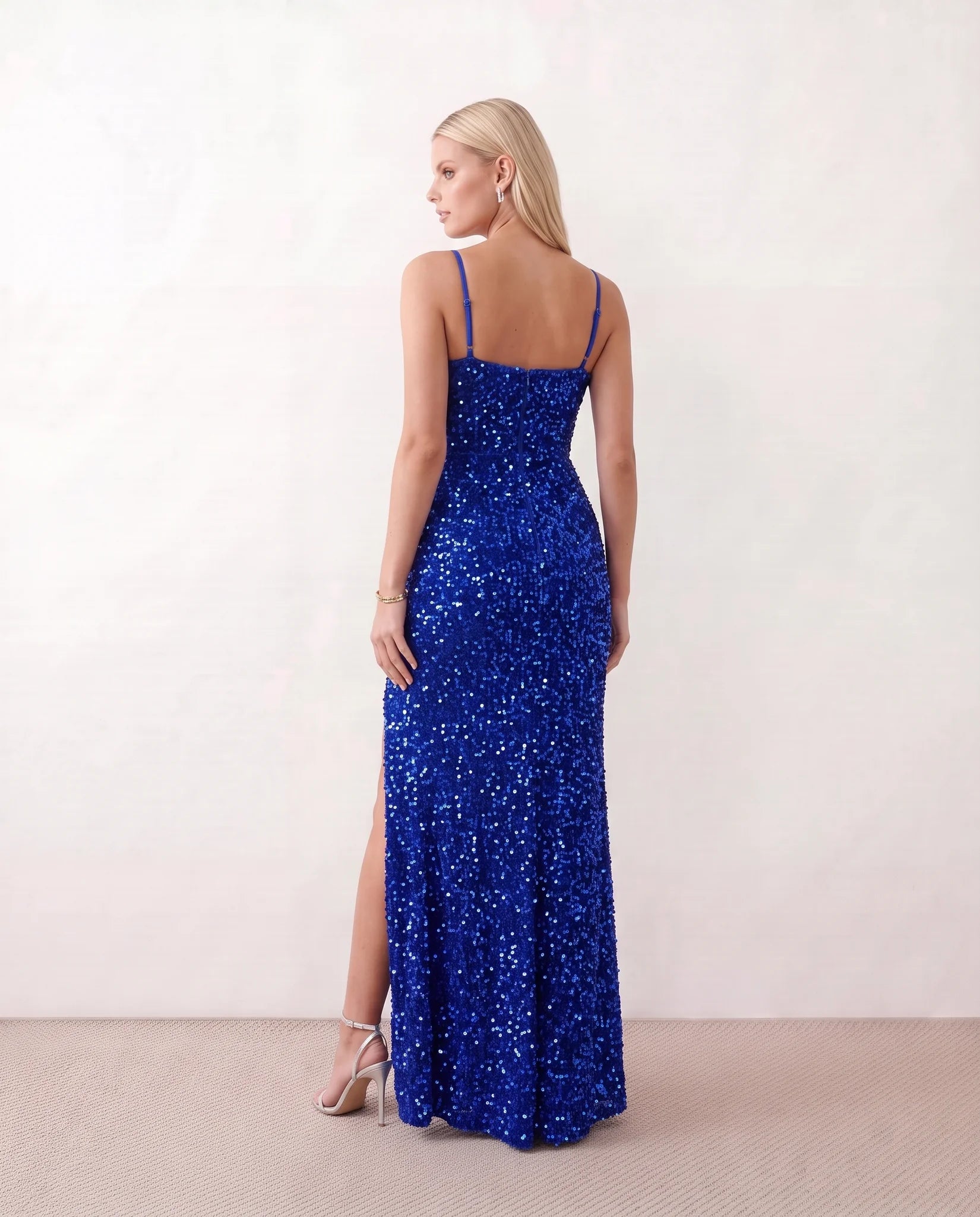 Ninoska Sequined Spaghetti Strap Maxi Dress in Blue — back view