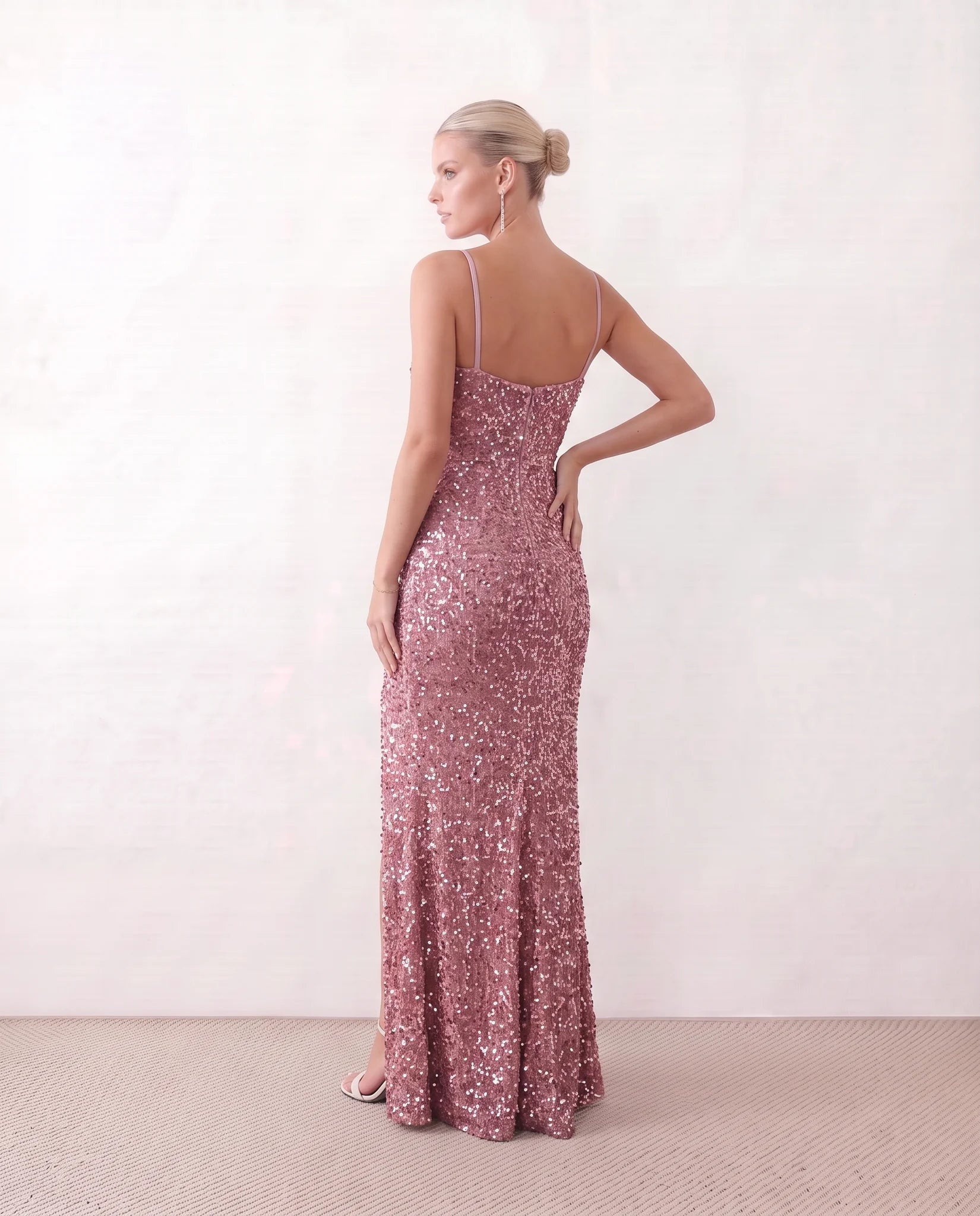 Ninoska Sequined Spaghetti Strap Maxi Dress in Pink — back view