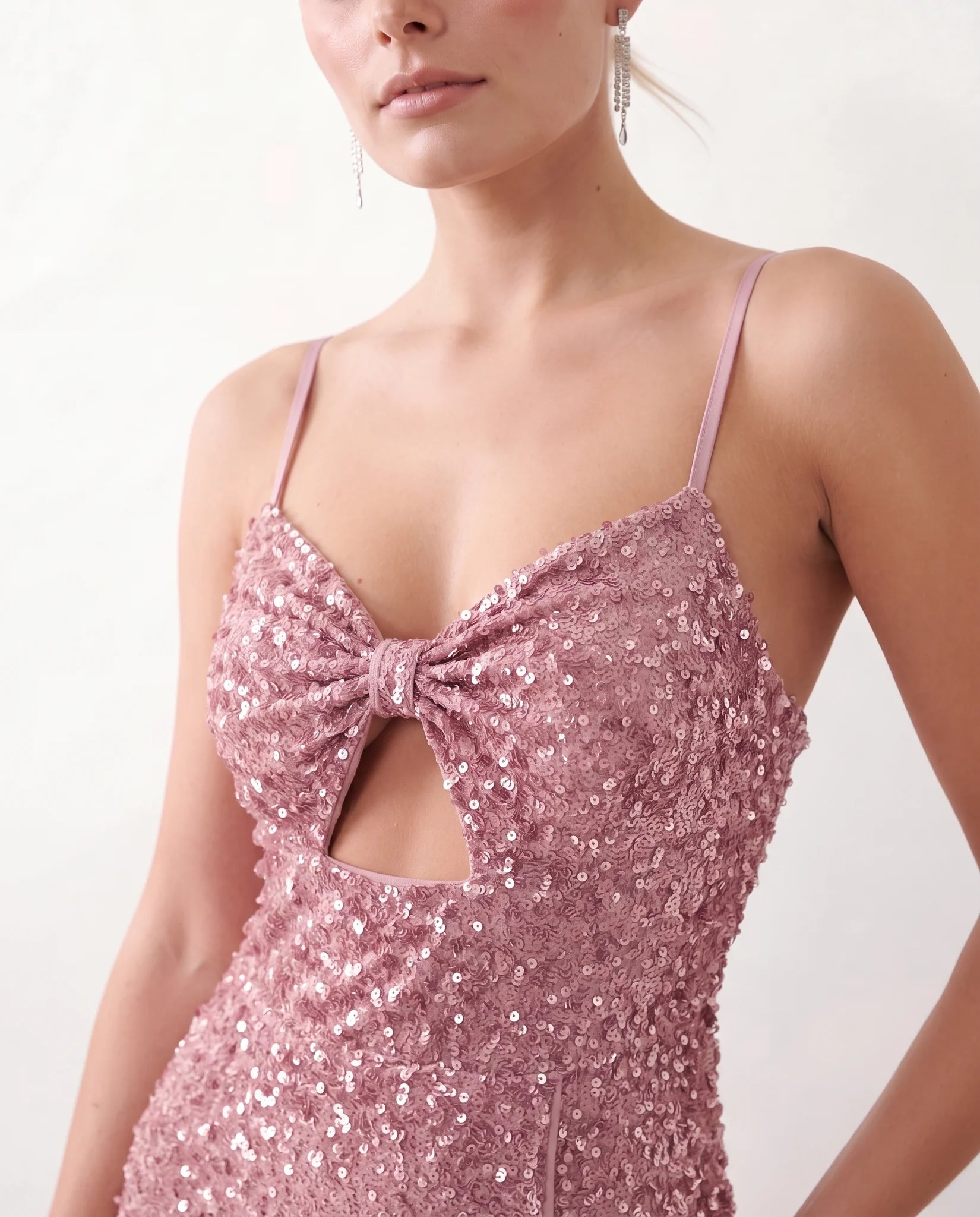 Ninoska Sequined Spaghetti Strap Maxi Dress in Pink — detail close-up