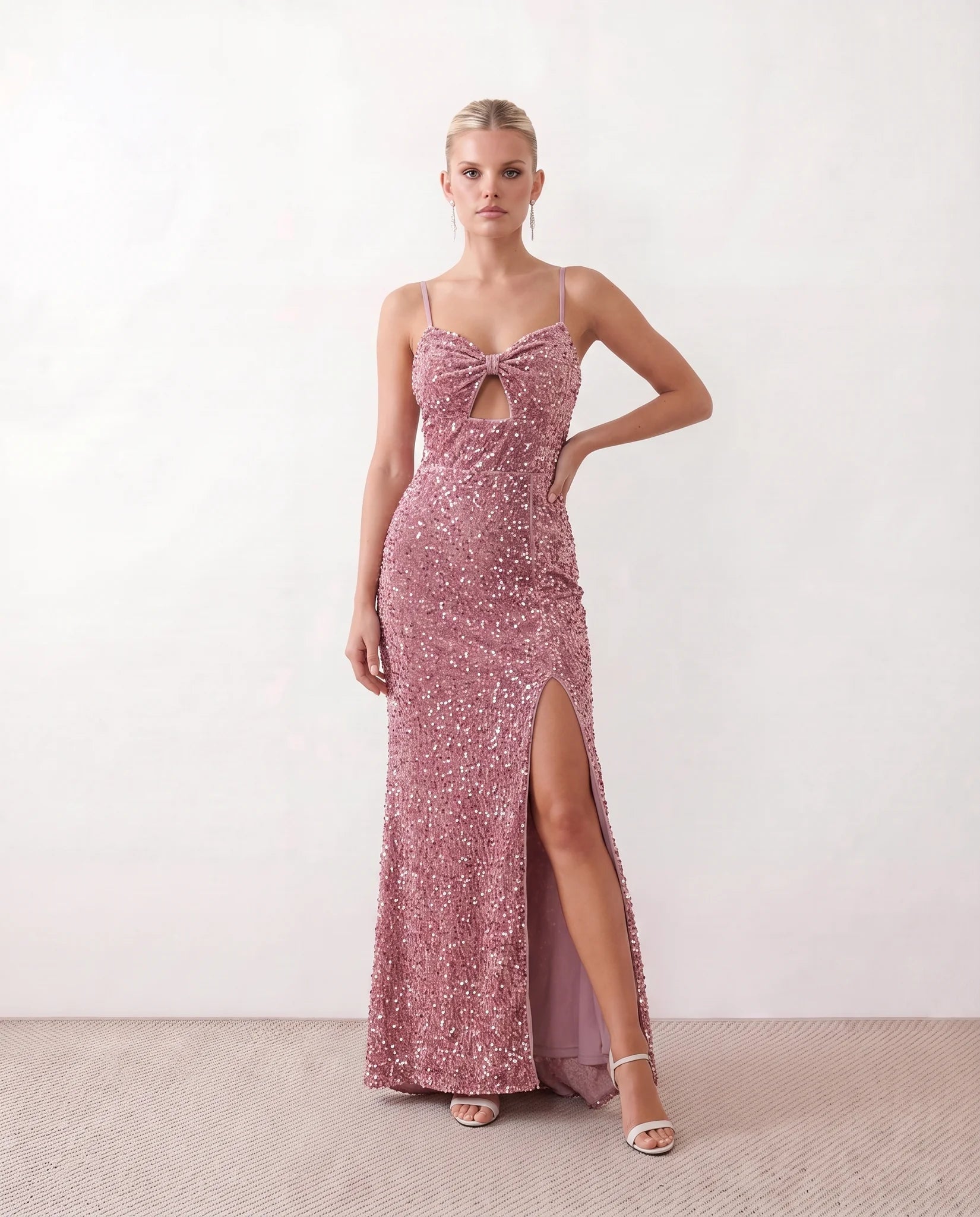 Ninoska Sequined Spaghetti Strap Maxi Dress in Pink — front view