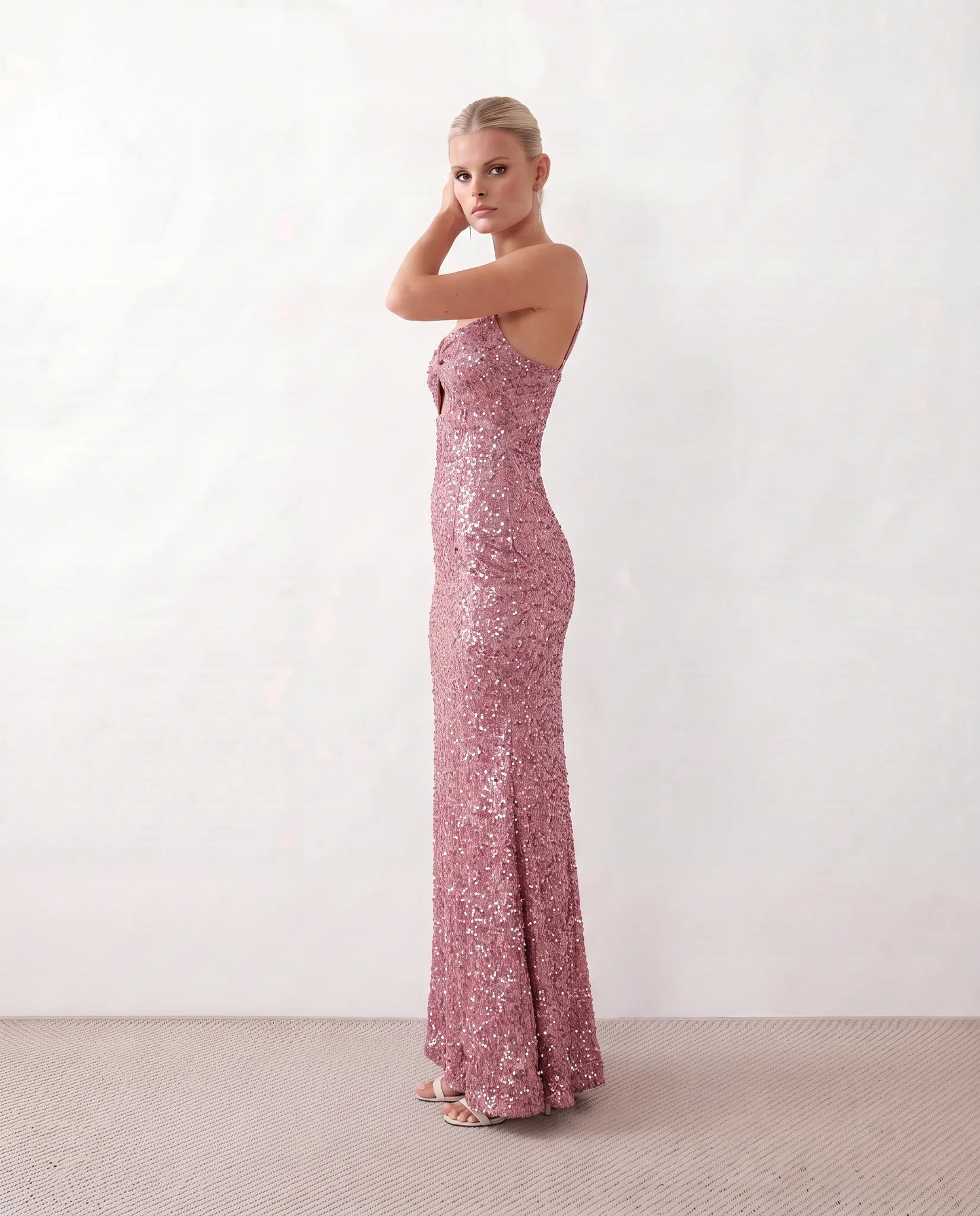 Ninoska Sequined Spaghetti Strap Maxi Dress in Pink — side view