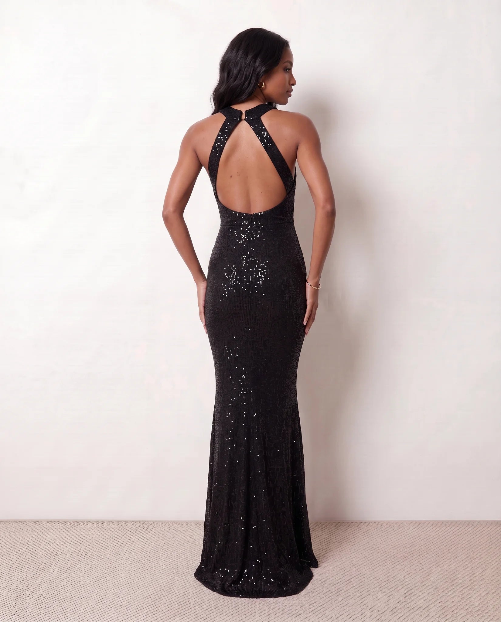 Laureen Sequined Mermaid Maxi Dress in Black — back view