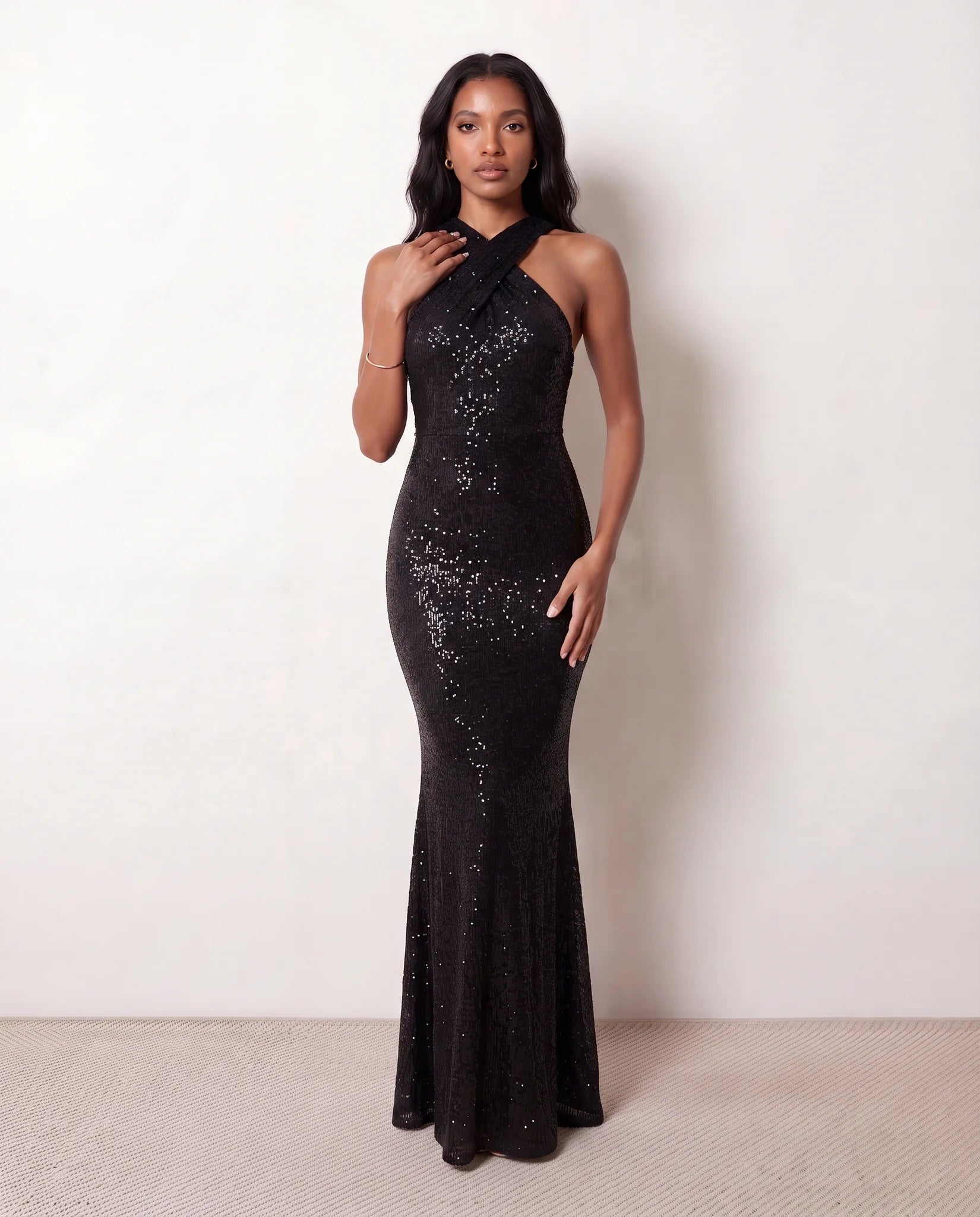 Laureen Sequined Mermaid Maxi Dress in Black — front view