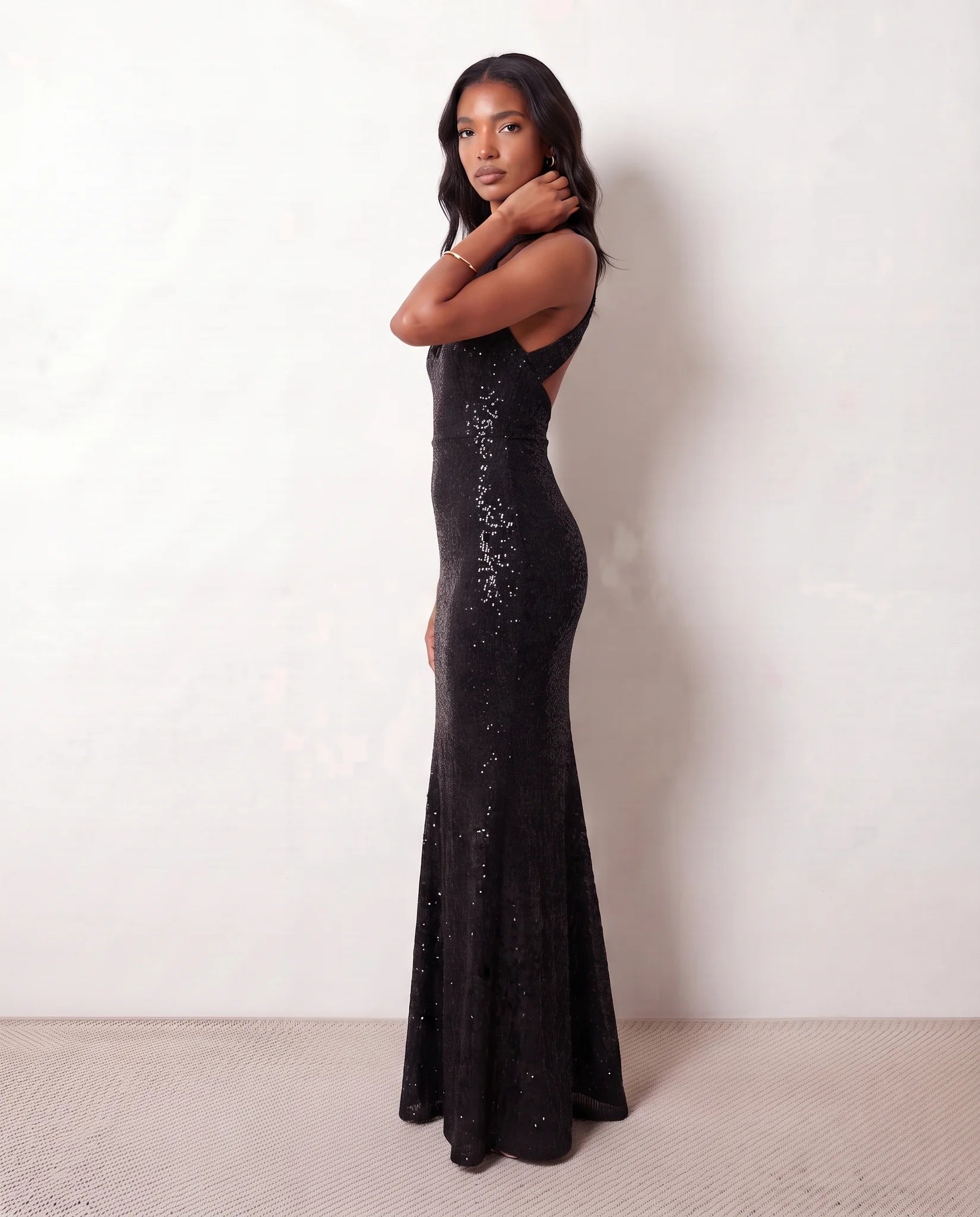 Laureen Sequined Mermaid Maxi Dress in Black — side view