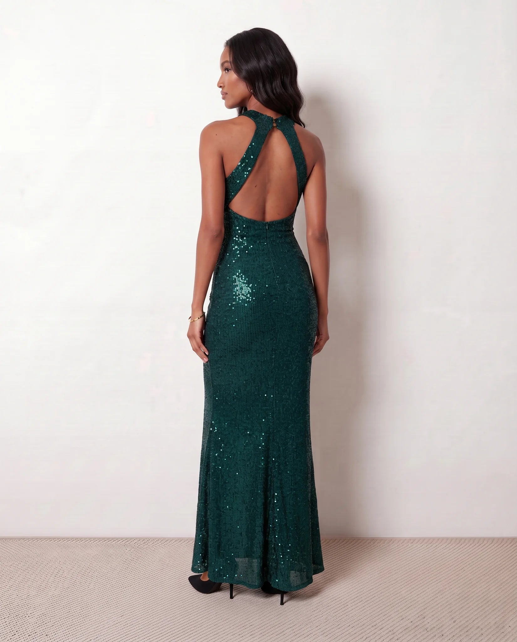 Laureen Sequined Mermaid Maxi Dress in Green — back view