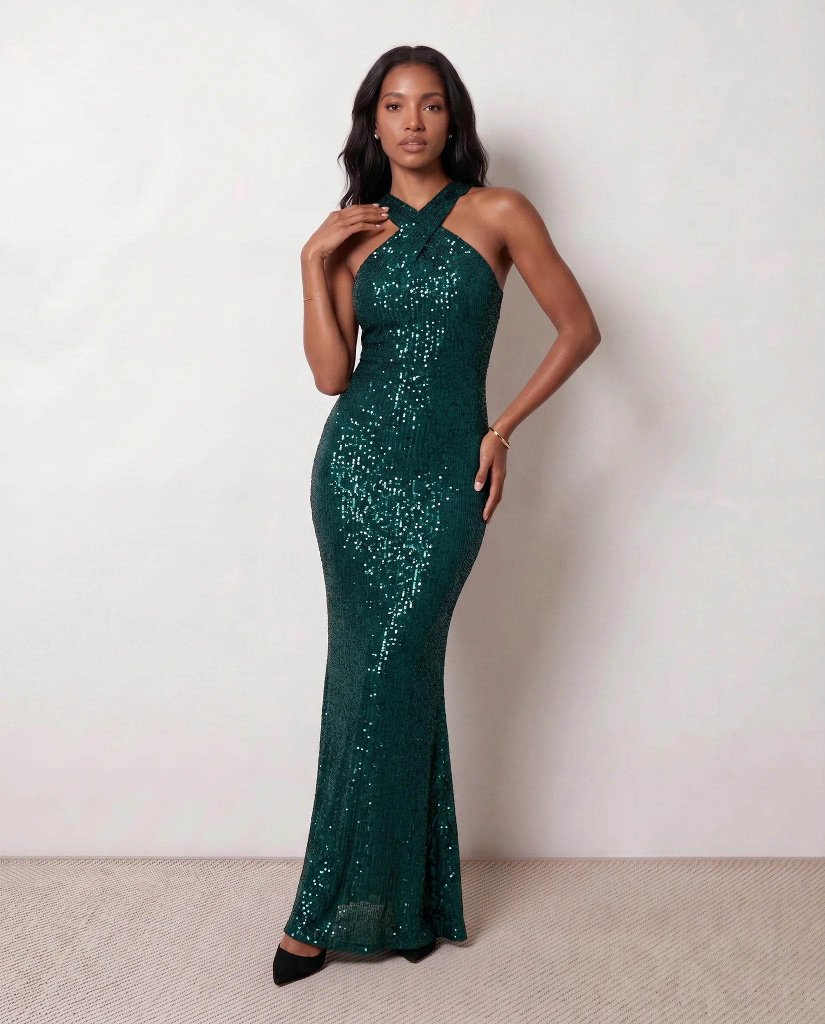 Laureen Sequined Mermaid Maxi Dress in Green — front view