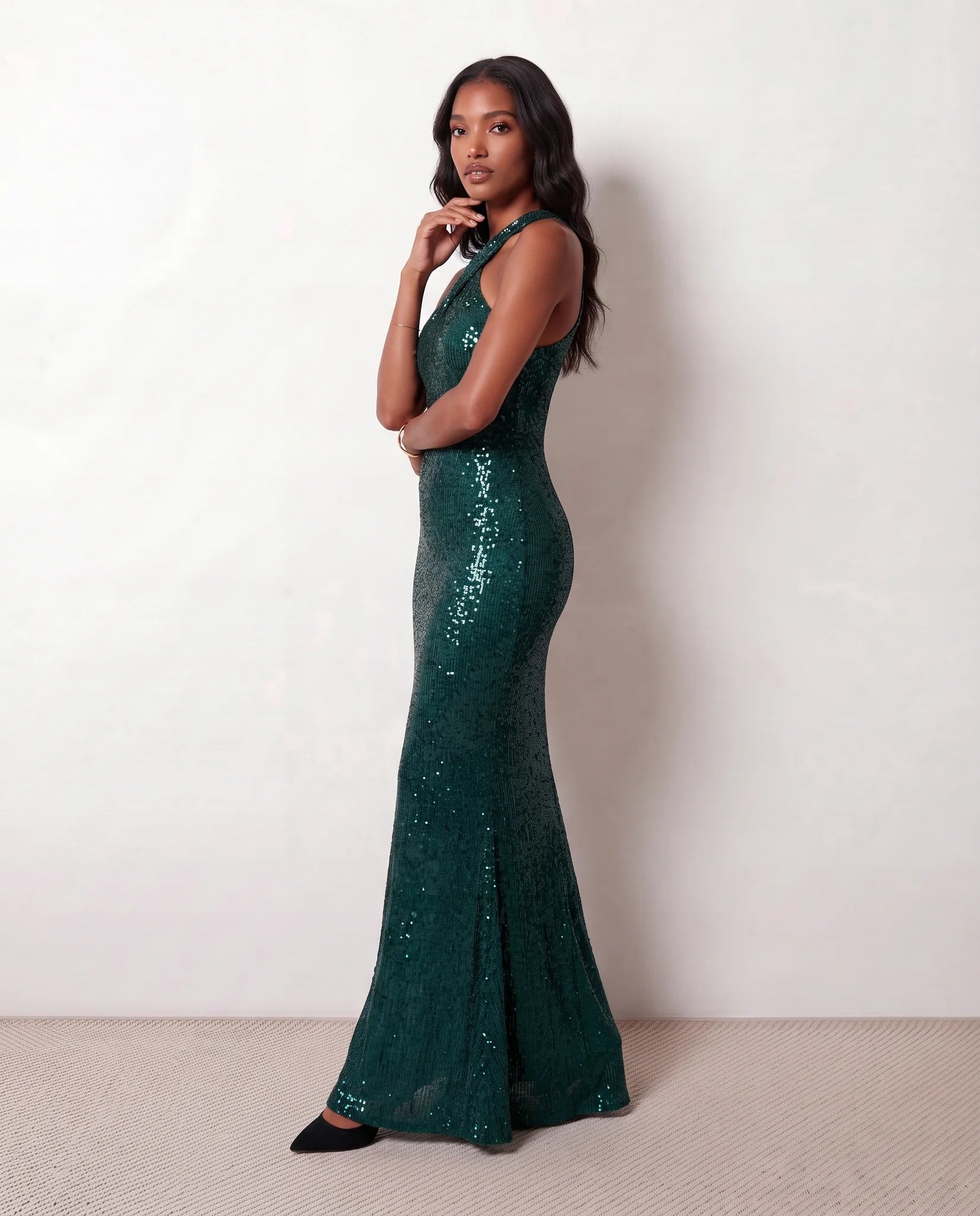 Laureen Sequined Mermaid Maxi Dress in Green — side view