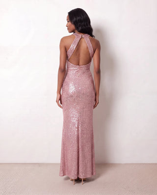 Laureen Sequined Mermaid Maxi Dress in Pink — back view