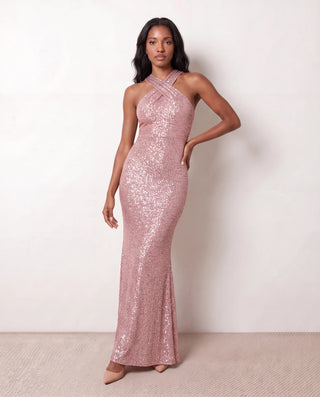 Laureen Sequined Mermaid Maxi Dress in Pink — front view