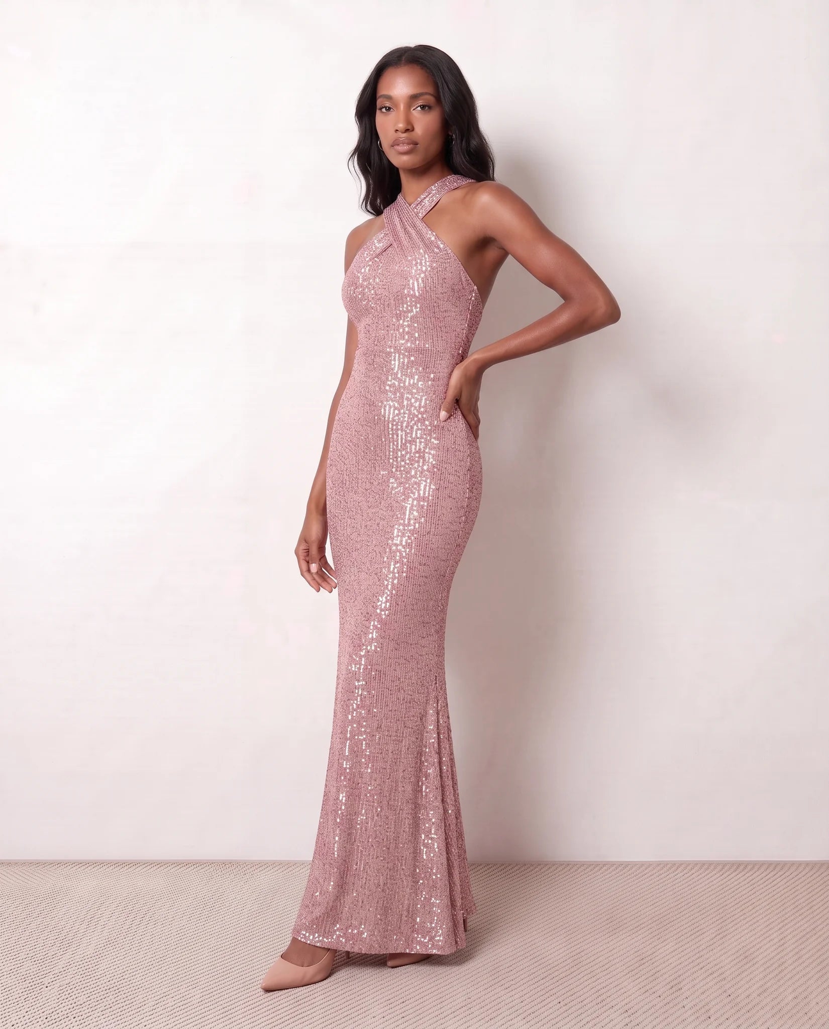 Laureen Sequined Mermaid Maxi Dress in Pink — side view