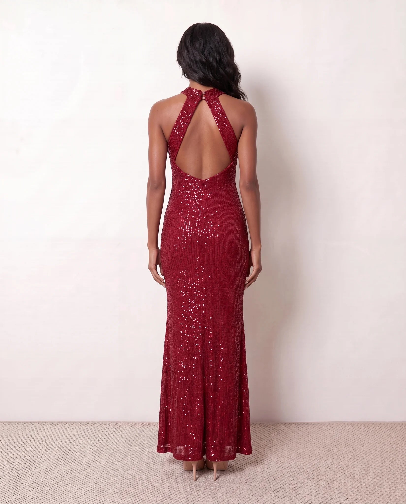 Laureen Sequined Mermaid Maxi Dress in Red — back view
