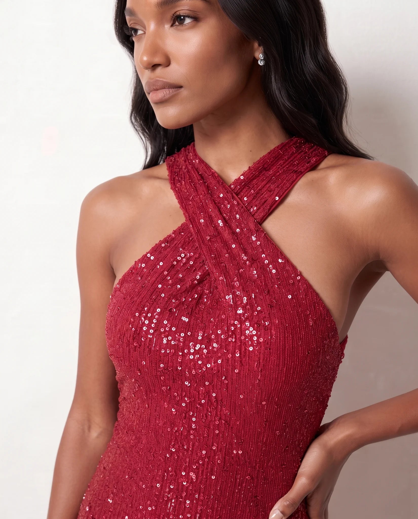 Laureen Sequined Mermaid Maxi Dress in Red — detail close-up