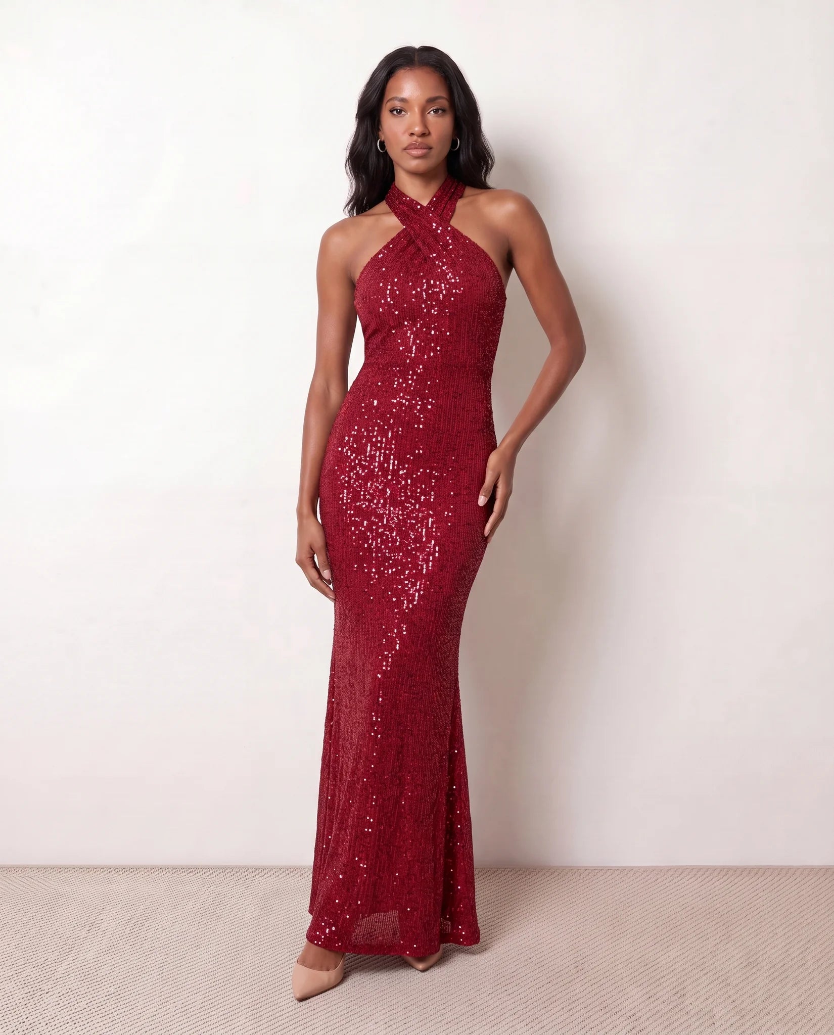 Laureen Sequined Mermaid Maxi Dress in Red — front view
