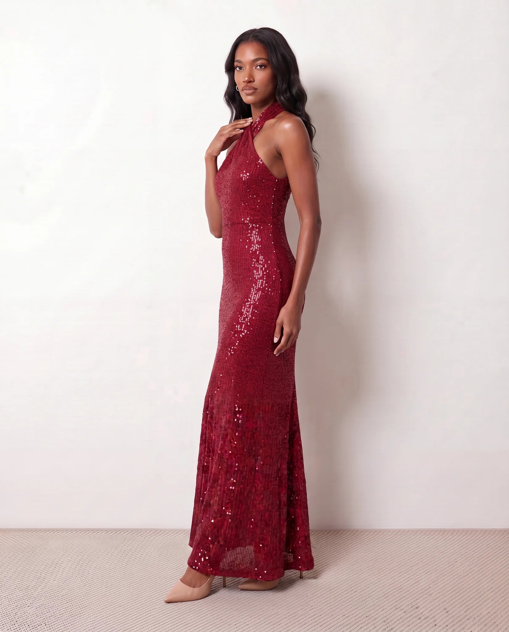 Laureen Sequined Mermaid Maxi Dress in Red — side view
