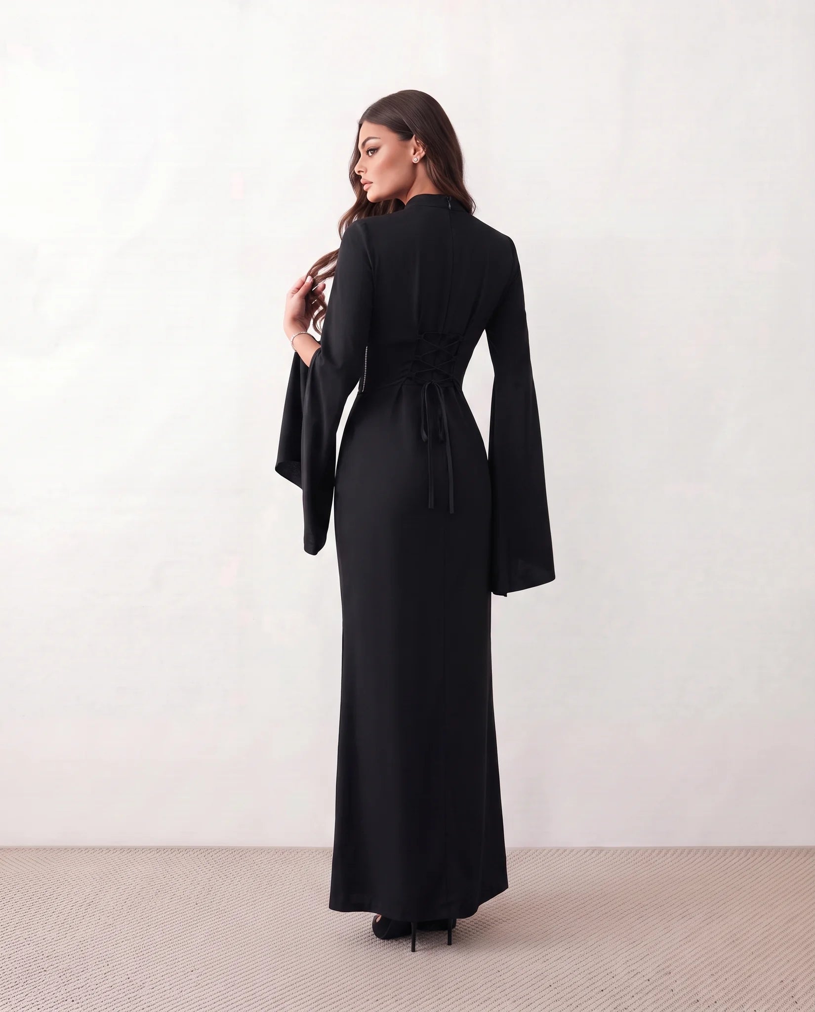 Siofra Glossy Lace-Up Maxi Dress in Black — back view