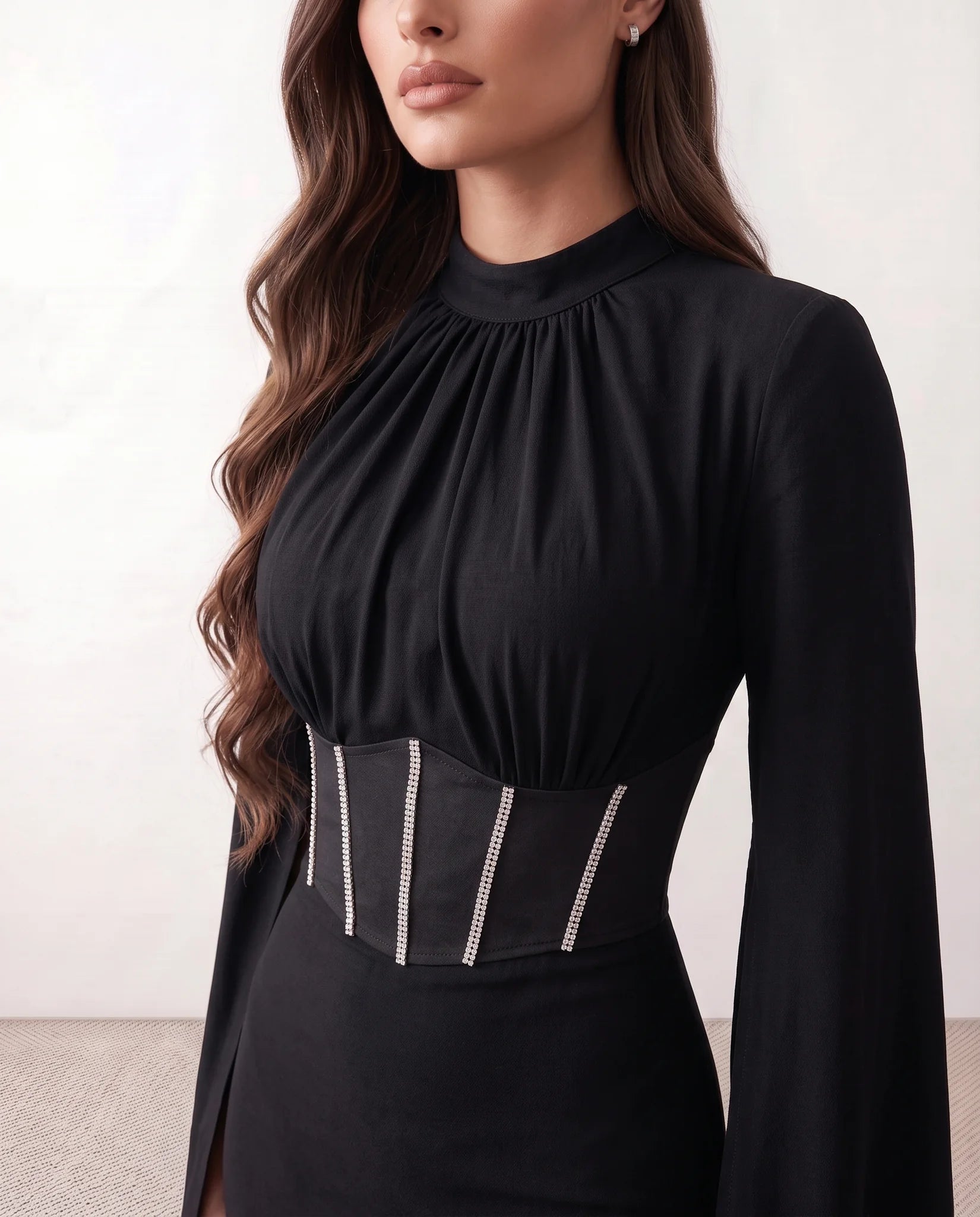Siofra Glossy Lace-Up Maxi Dress in Black — detail close-up