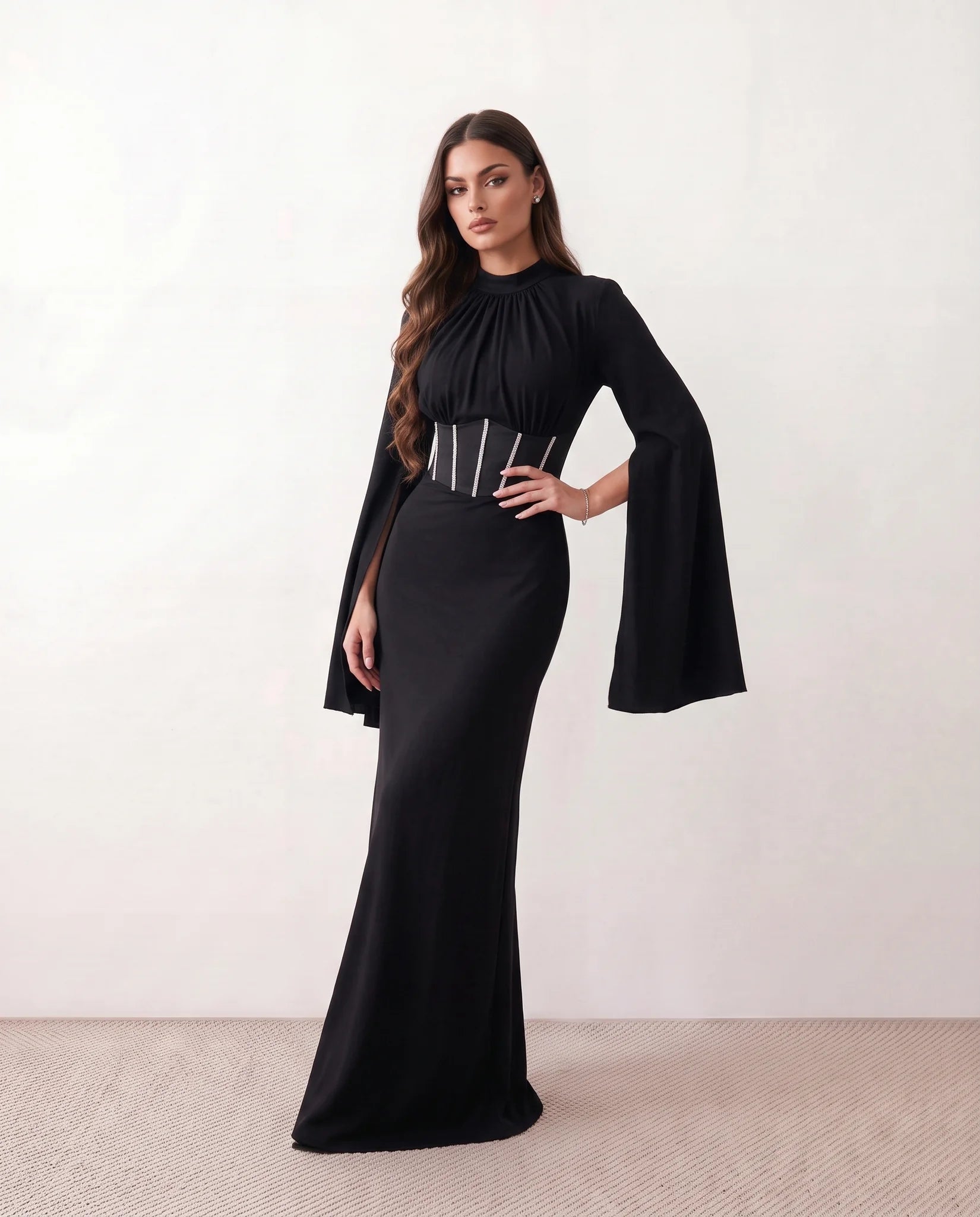 Siofra Glossy Lace-Up Maxi Dress in Black — front view