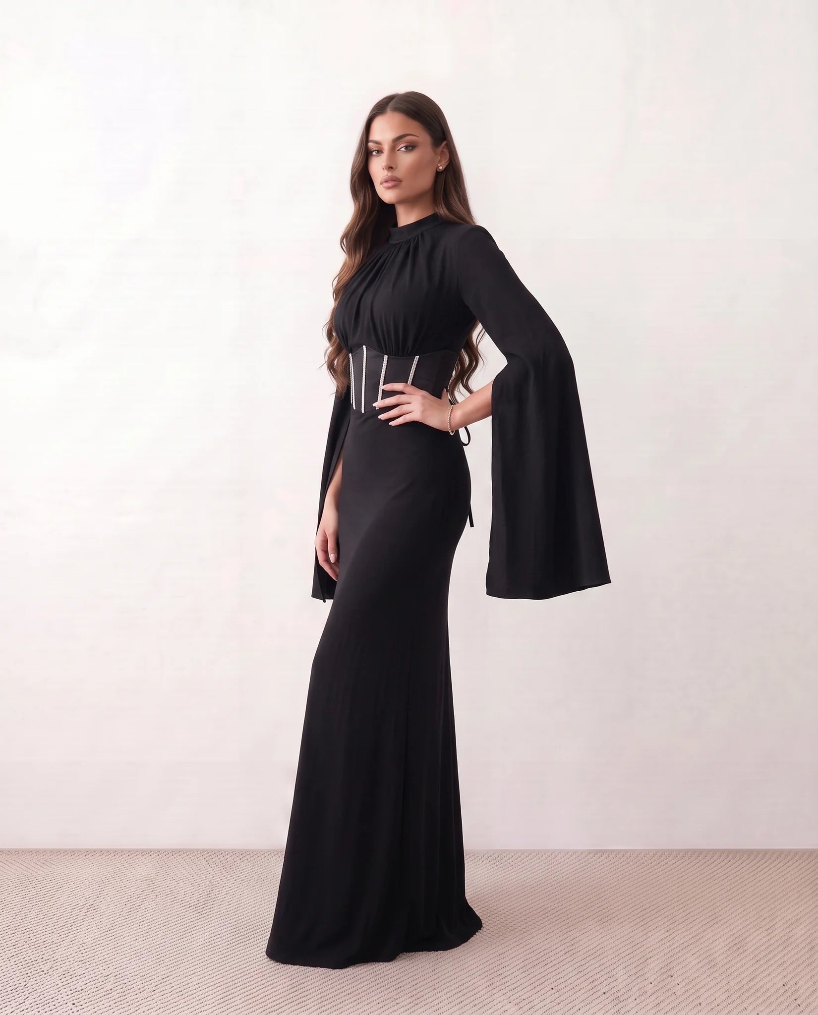Siofra Glossy Lace-Up Maxi Dress in Black — side view