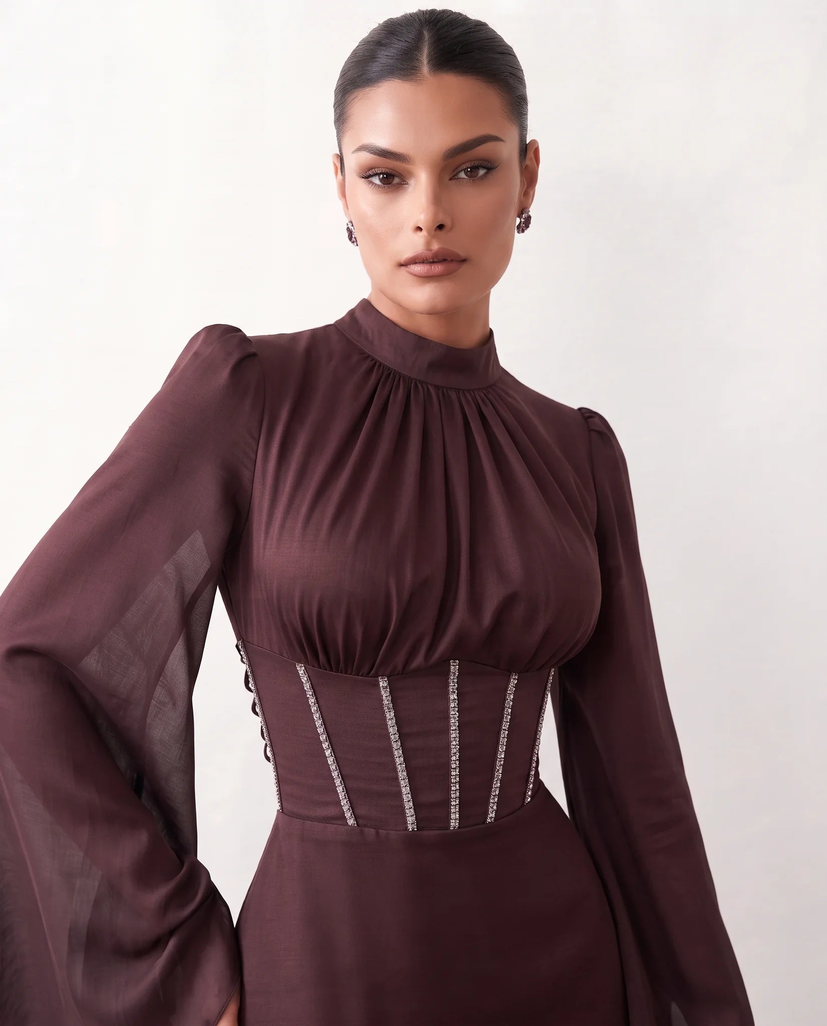 Siofra Glossy Lace-Up Maxi Dress in Brown — detail close-up