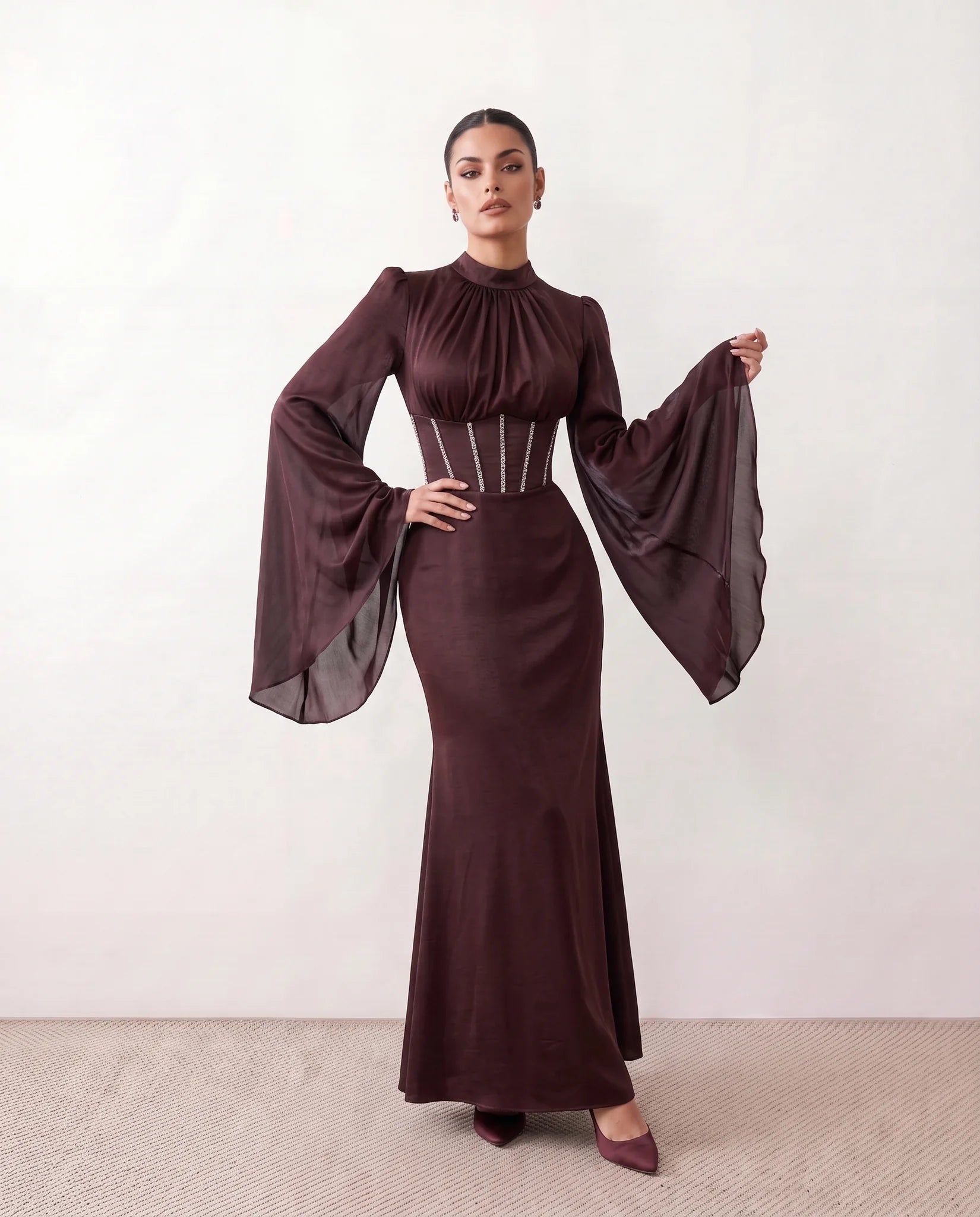 Siofra Glossy Lace-Up Maxi Dress in Brown — front view