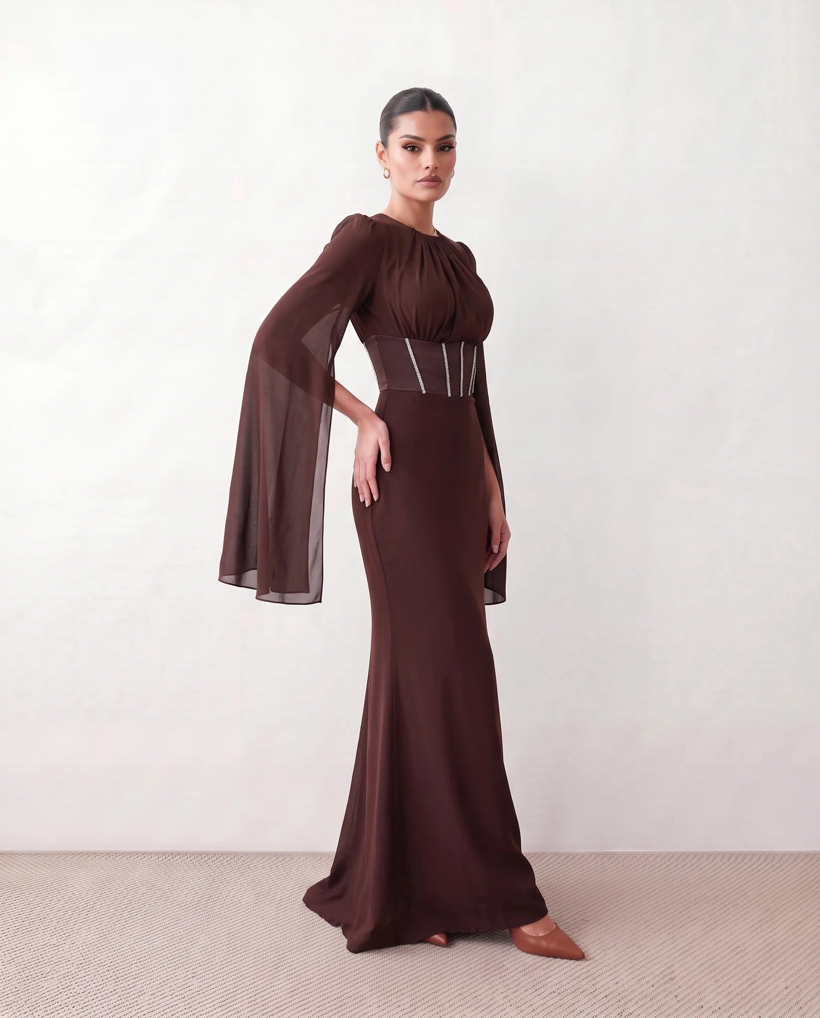 Siofra Glossy Lace-Up Maxi Dress in Brown — side view