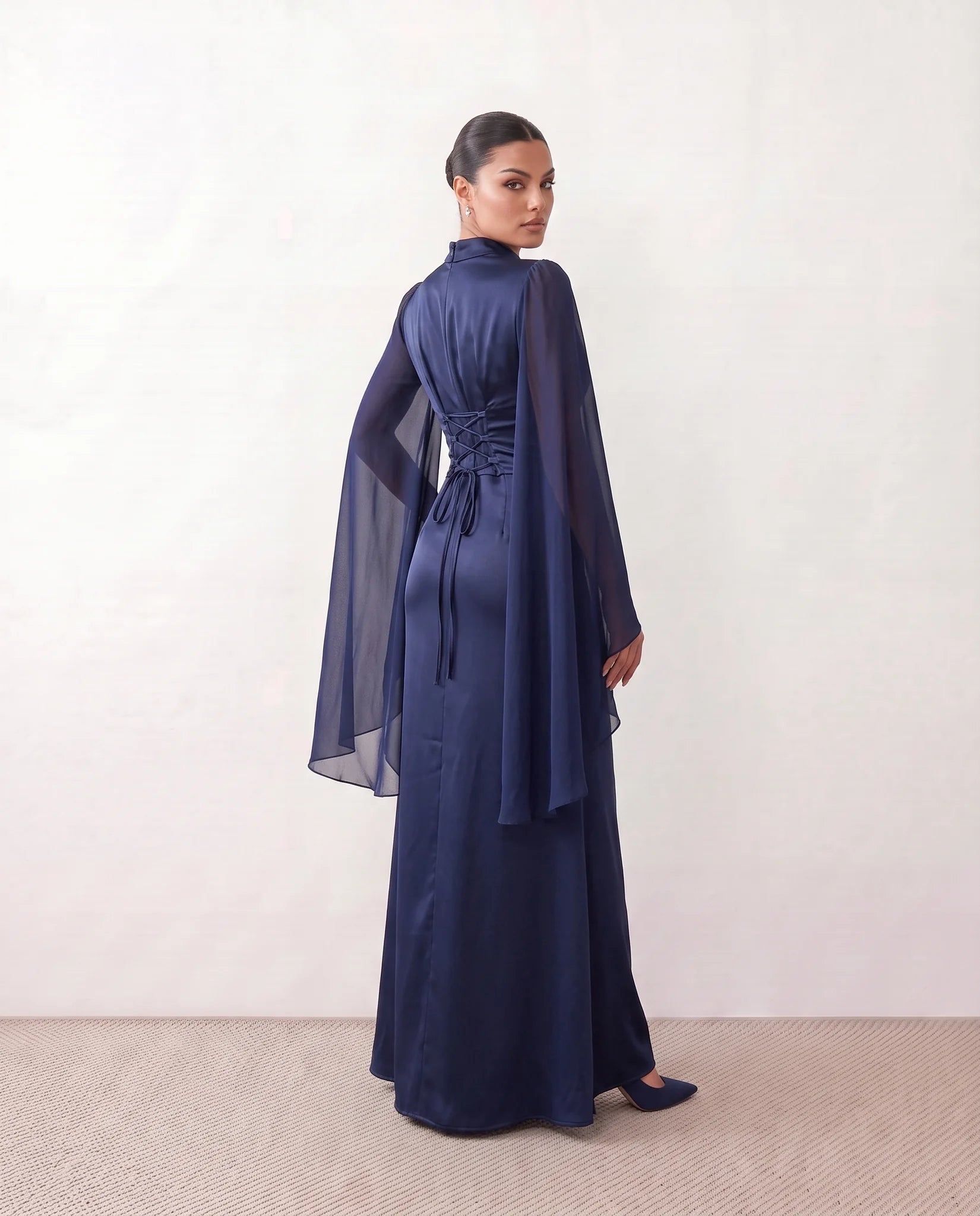 Siofra Glossy Lace-Up Maxi Dress in Navy — back view