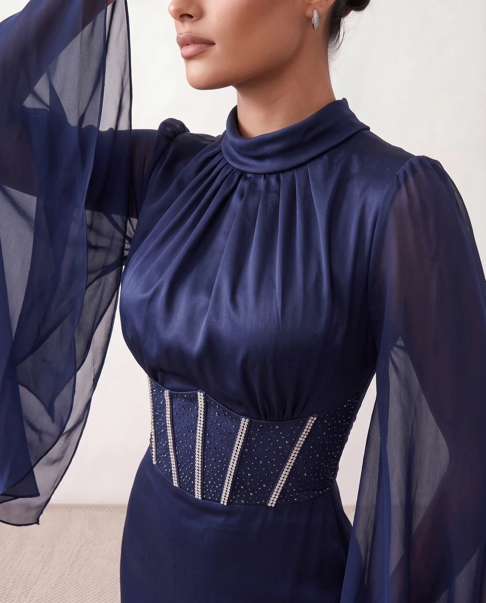 Siofra Glossy Lace-Up Maxi Dress in Navy — detail close-up