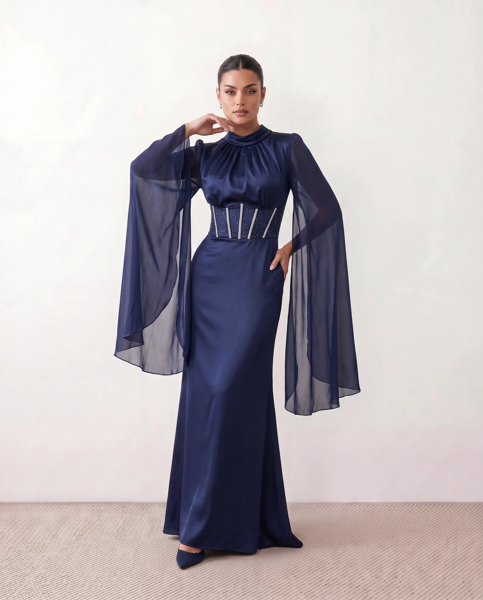 Siofra Glossy Lace-Up Maxi Dress in Navy — front view
