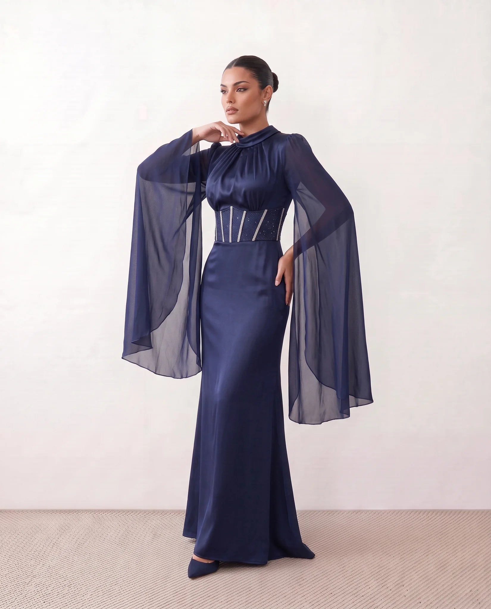 Siofra Glossy Lace-Up Maxi Dress in Navy — side view