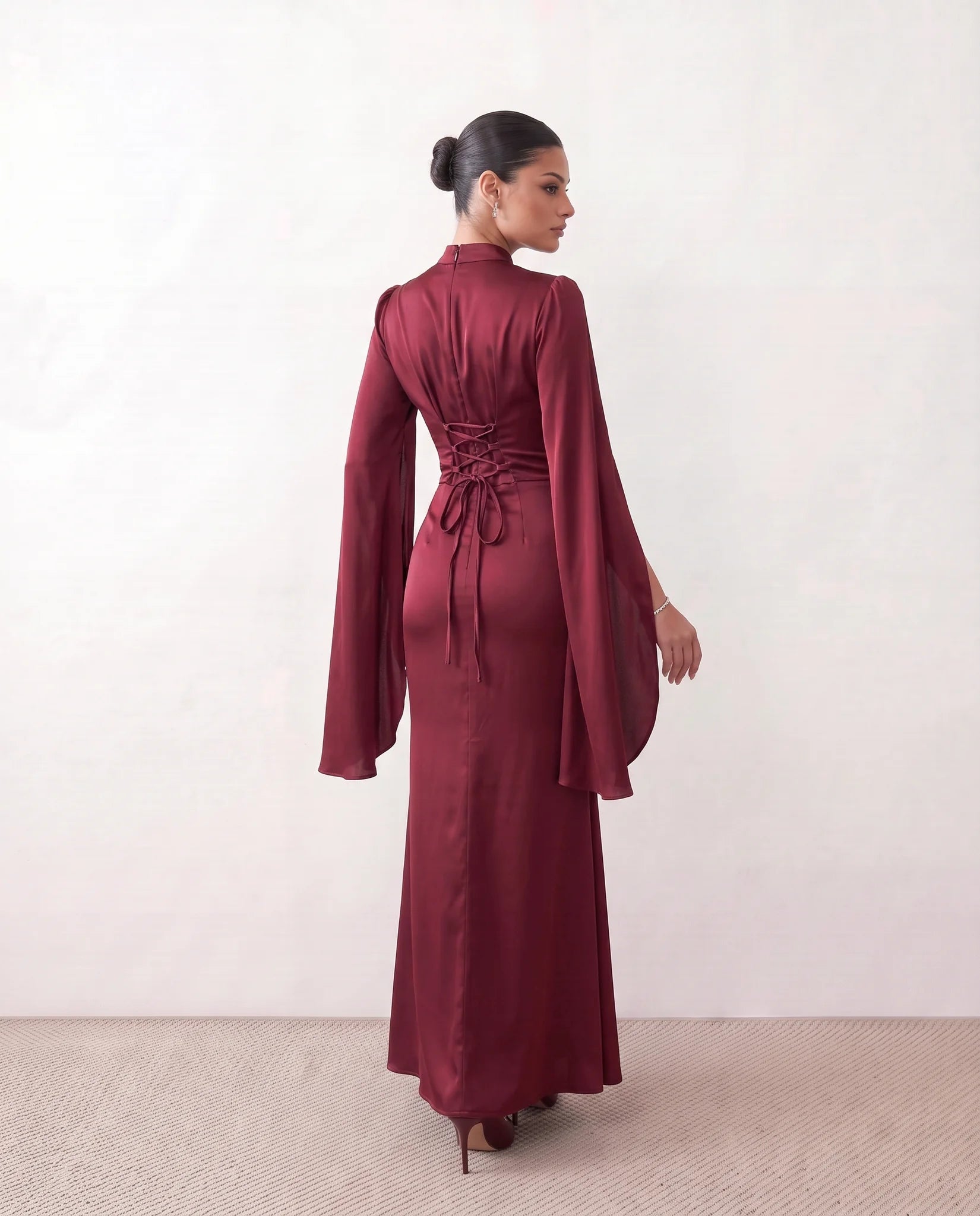 Siofra Glossy Lace-Up Maxi Dress in Red — back view