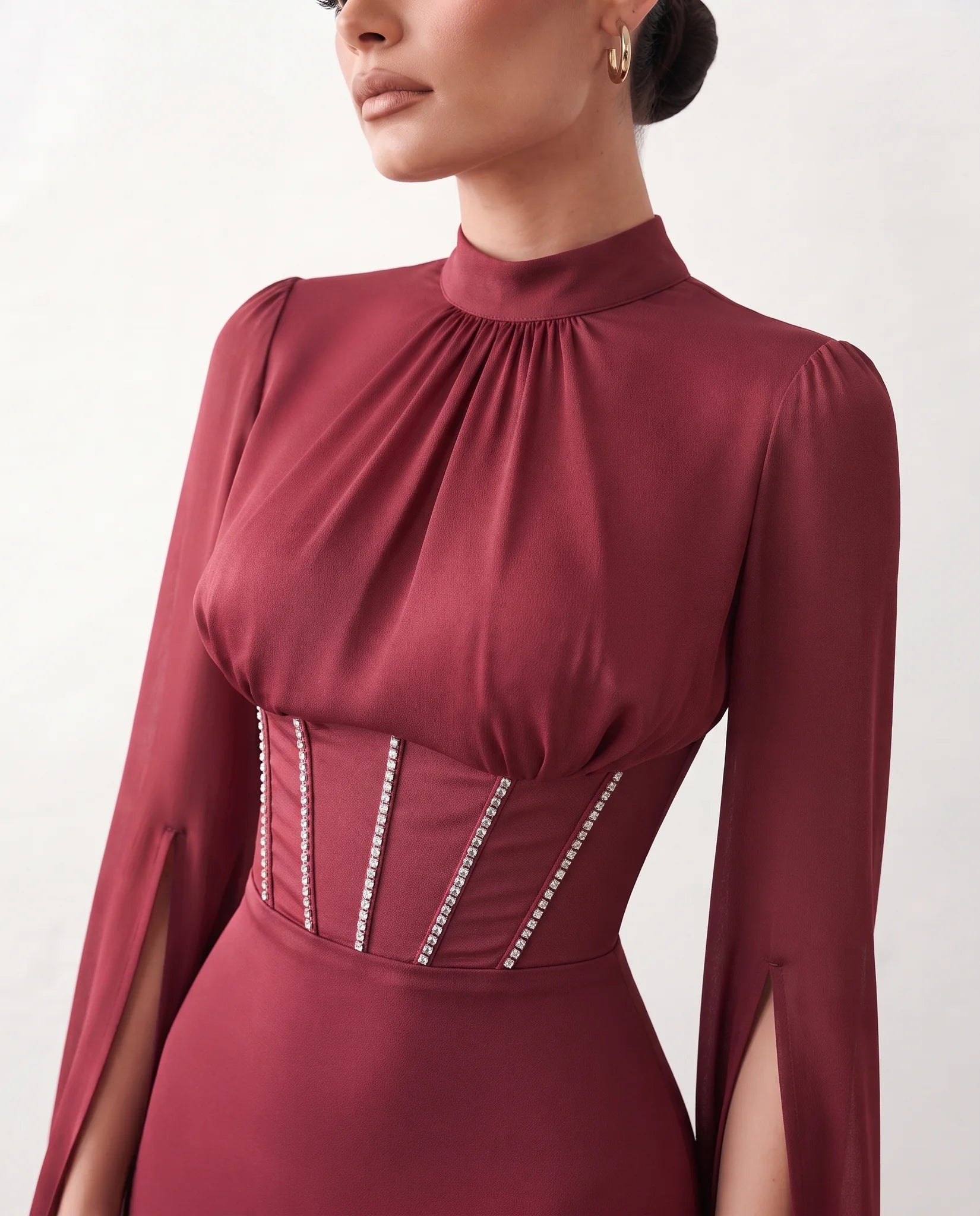 Siofra Glossy Lace-Up Maxi Dress in Red — detail close-up