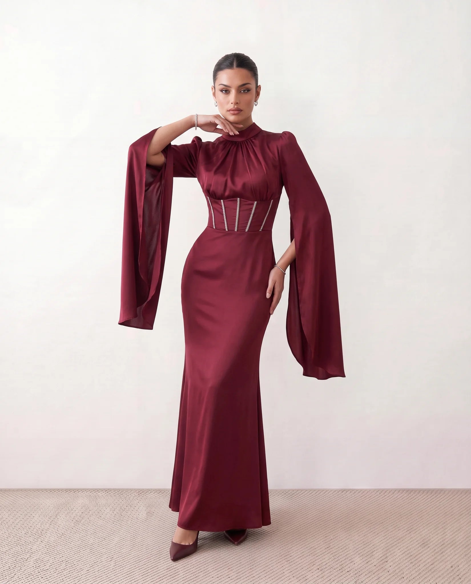 Siofra Glossy Lace-Up Maxi Dress in Red — front view