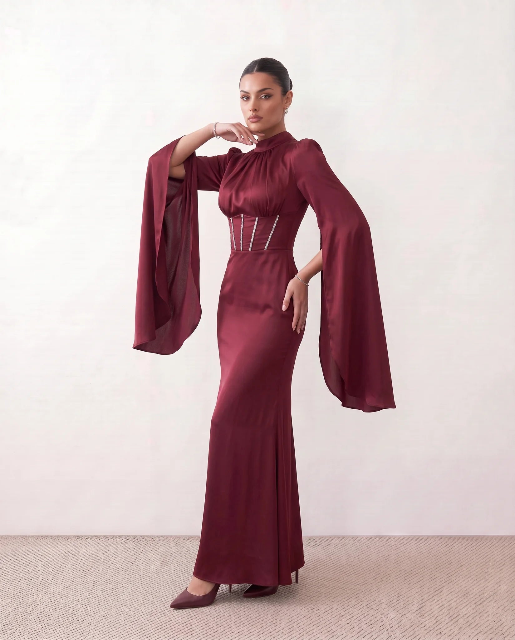 Siofra Glossy Lace-Up Maxi Dress in Red — side view