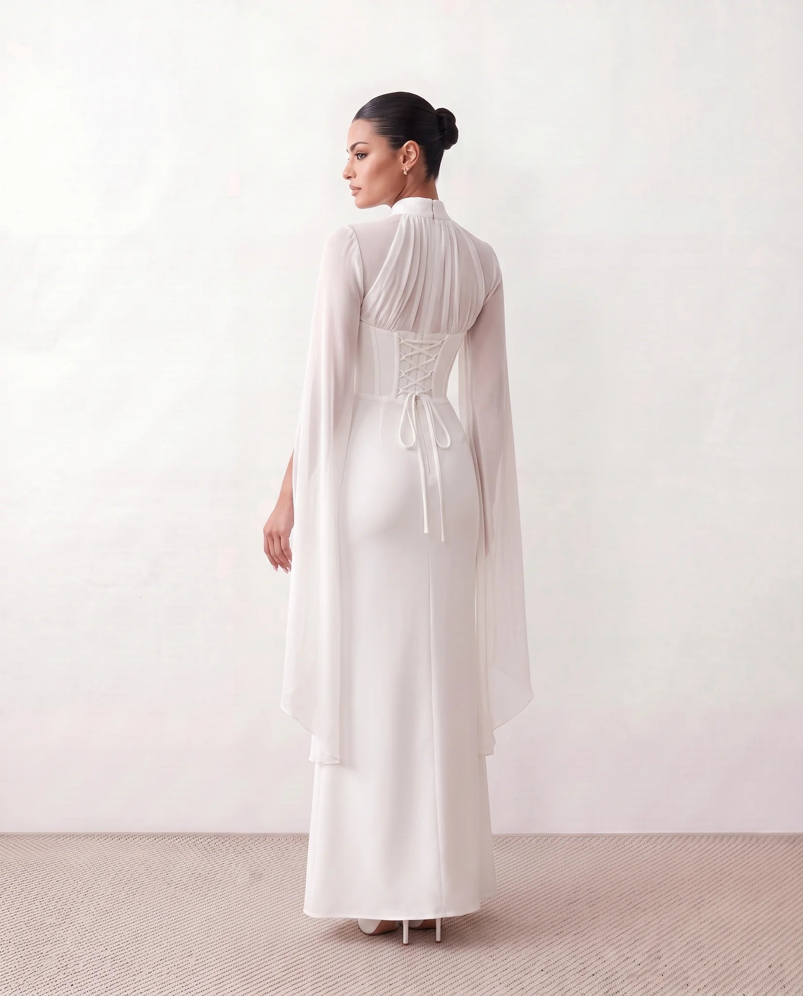 Siofra Glossy Lace-Up Maxi Dress in White — back view