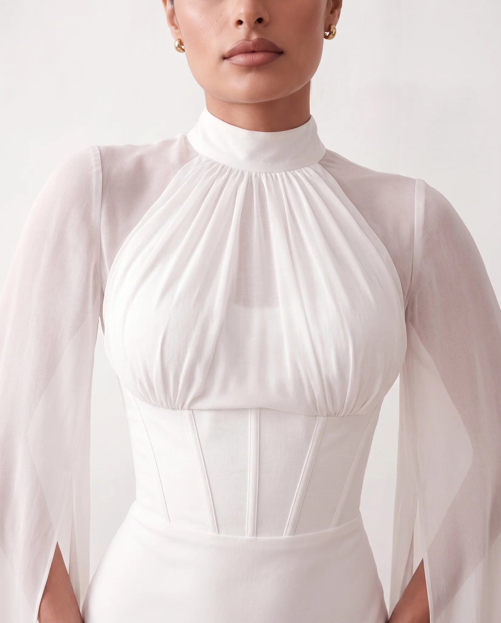 Siofra Glossy Lace-Up Maxi Dress in White — detail close-up