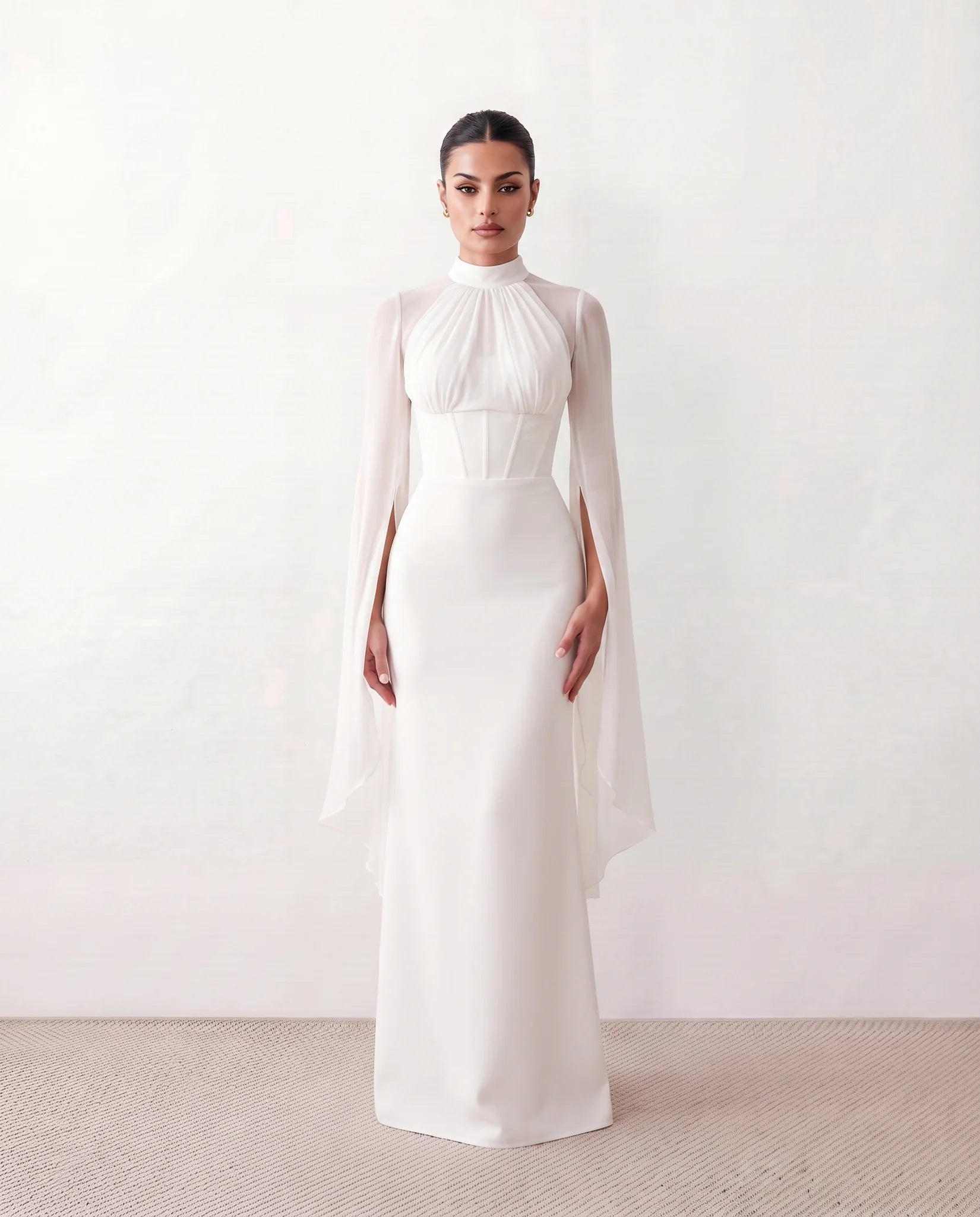 Siofra Glossy Lace-Up Maxi Dress in White — front view
