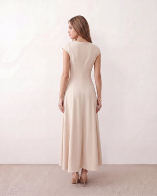 Katalina A-Line Midi Dress in Beige — back view