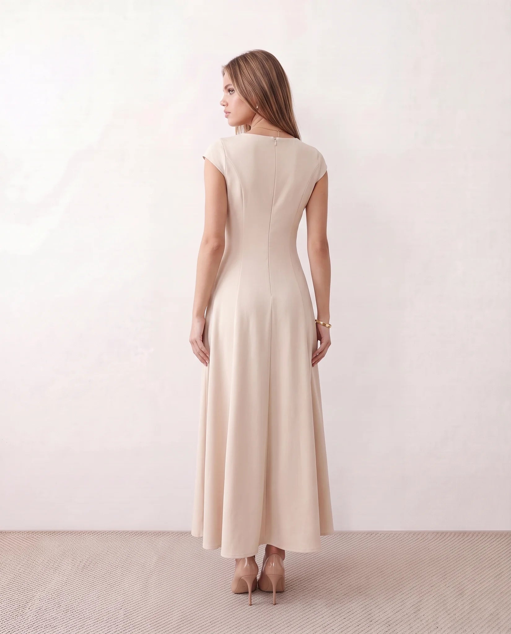Katalina A-Line Midi Dress in Beige — back view