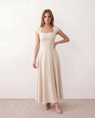 Katalina A-Line Midi Dress in Beige — front view