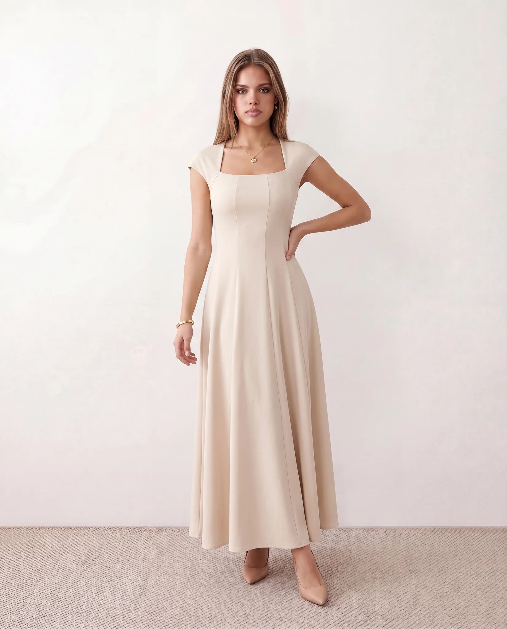 Katalina A-Line Midi Dress in Beige — front view