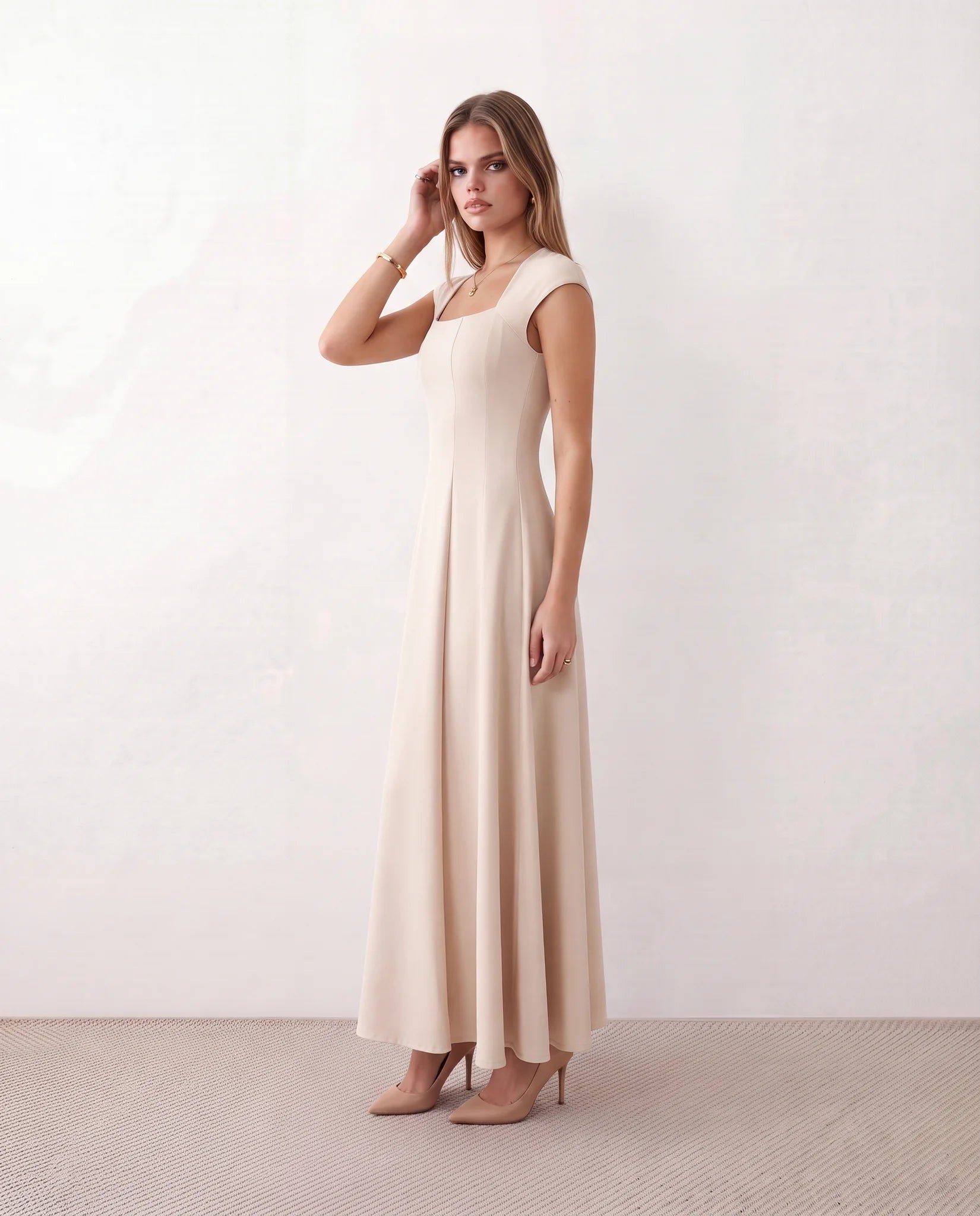 Katalina A-Line Midi Dress in Beige — side view