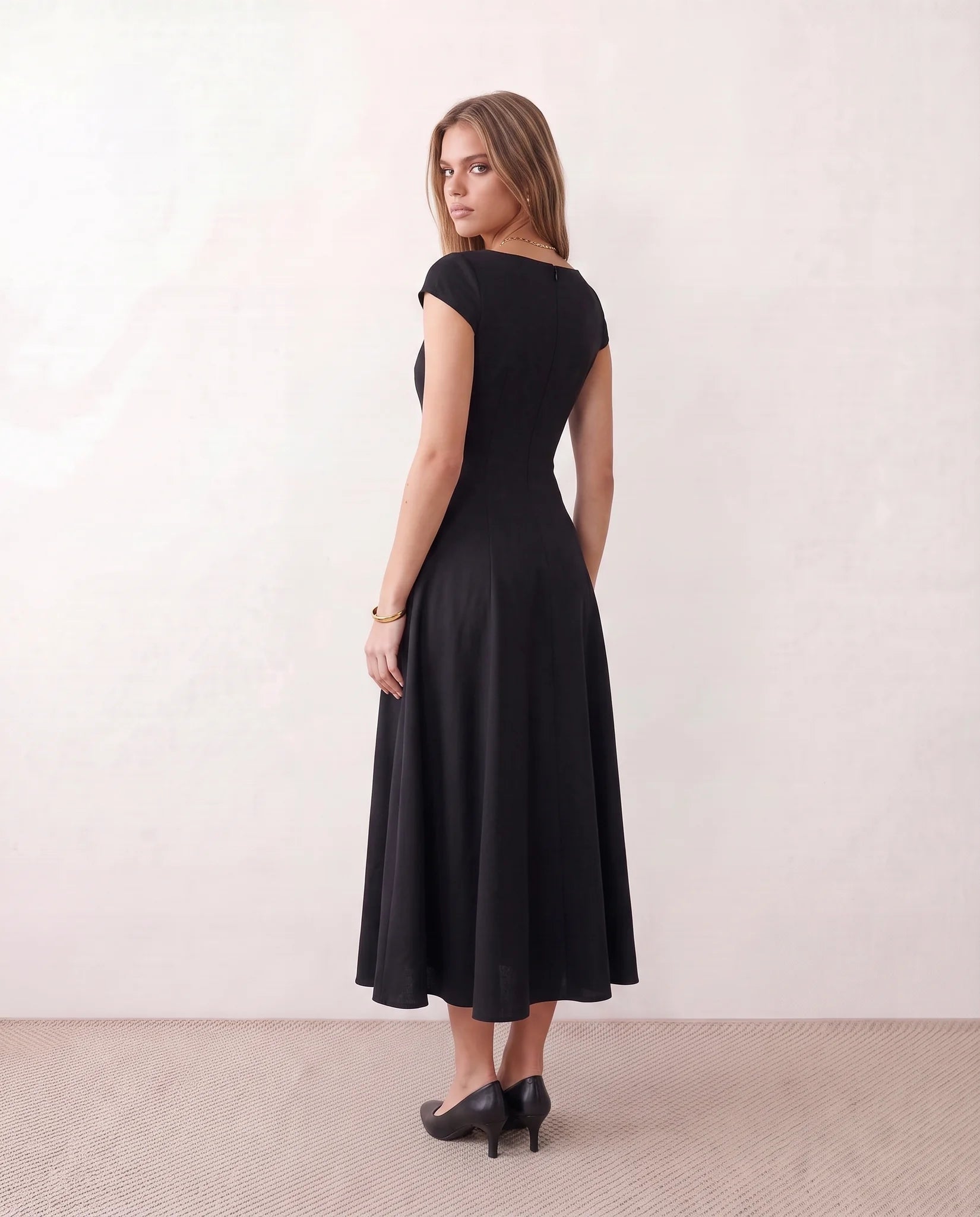 Katalina A-Line Midi Dress in Black — back view