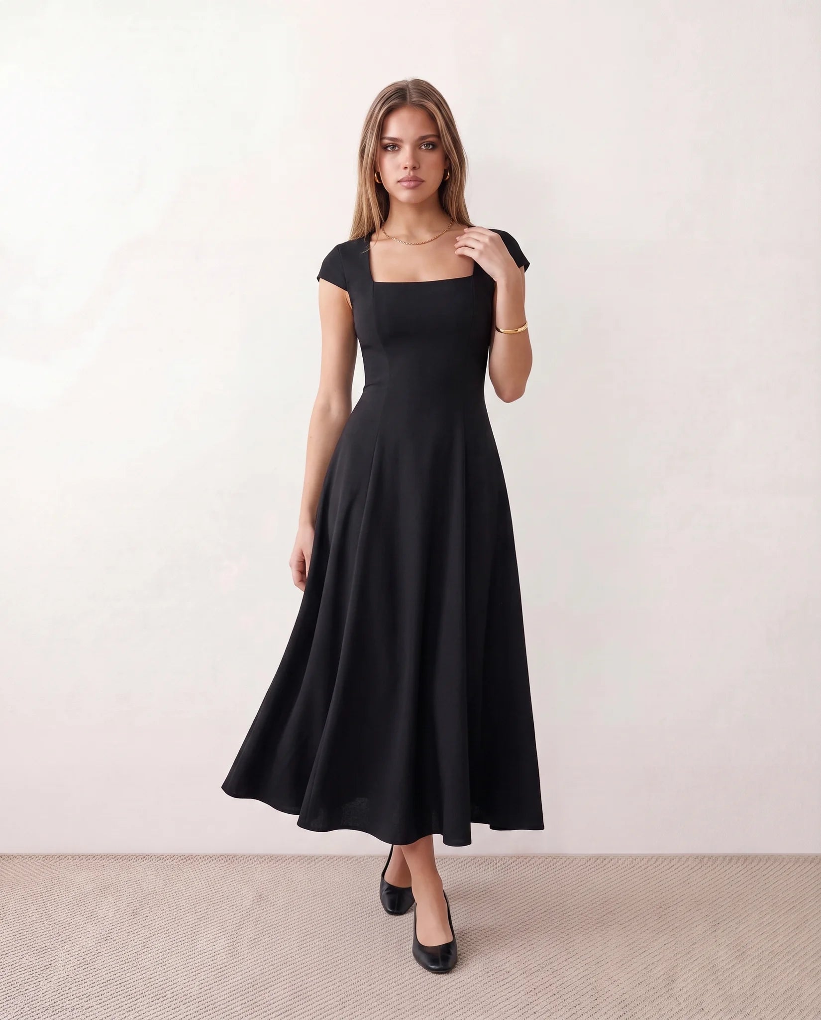 Katalina A-Line Midi Dress in Black — front view
